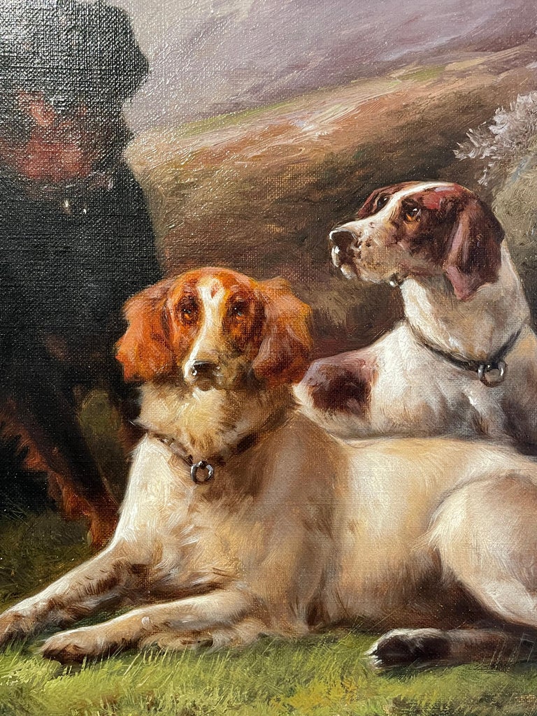 English 19th Century pair of landscape oil paintings 'After the Hunt' with Dogs  For Sale 4