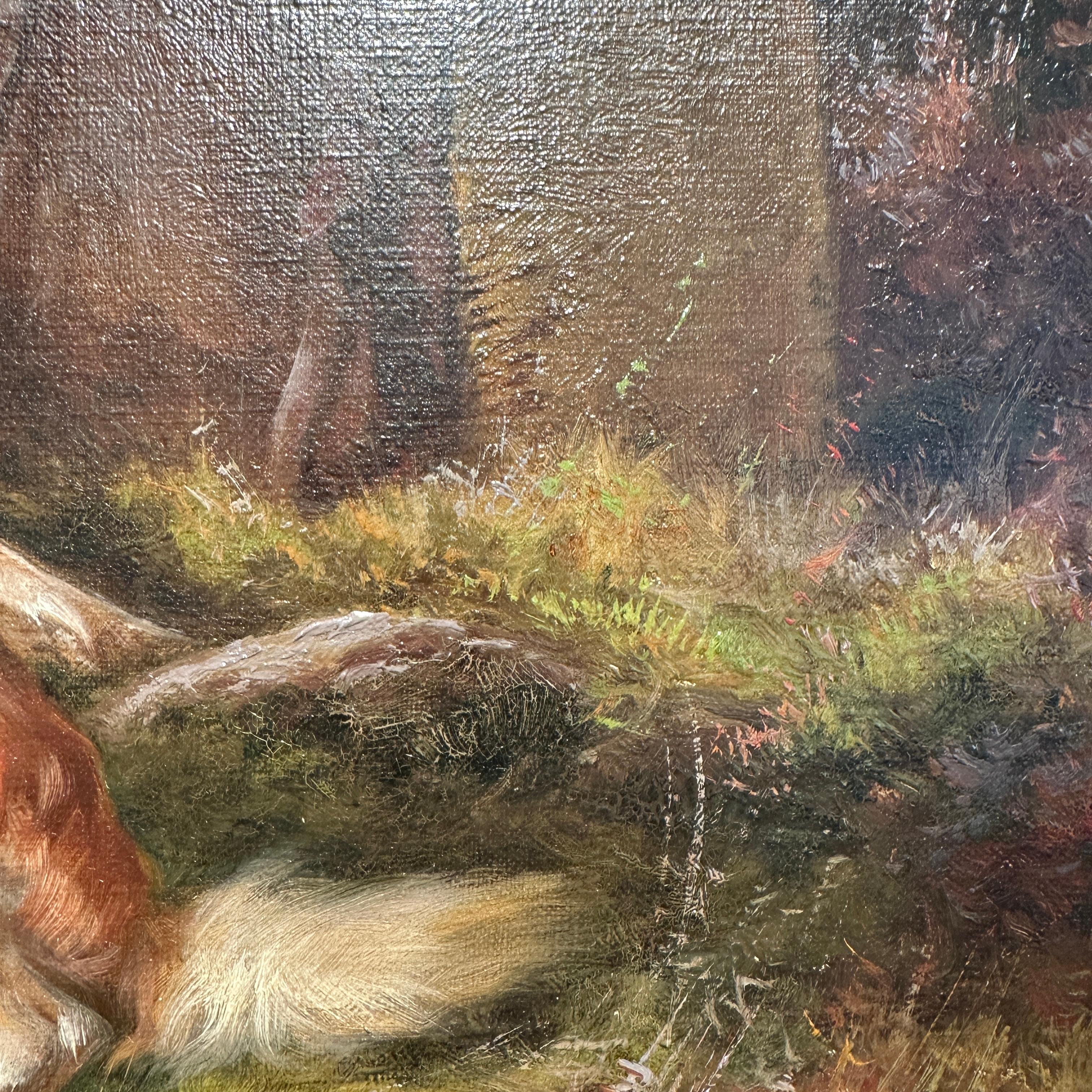 Paire de peintures à l'huile anglaises du 19ème siècle représentant des paysages avec des chiens « Après la chasse » en vente 6