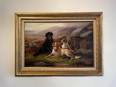 English 19th Century pair of landscape oil paintings ''After the Hunt'' with Dogs 
