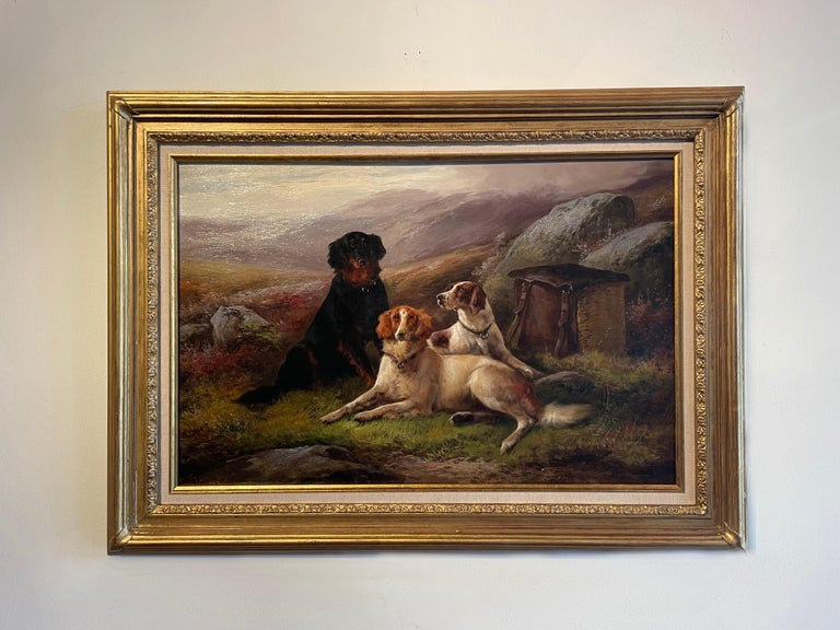 John Morris Animal Painting - English 19th Century pair of landscape oil paintings 'After the Hunt' with Dogs 