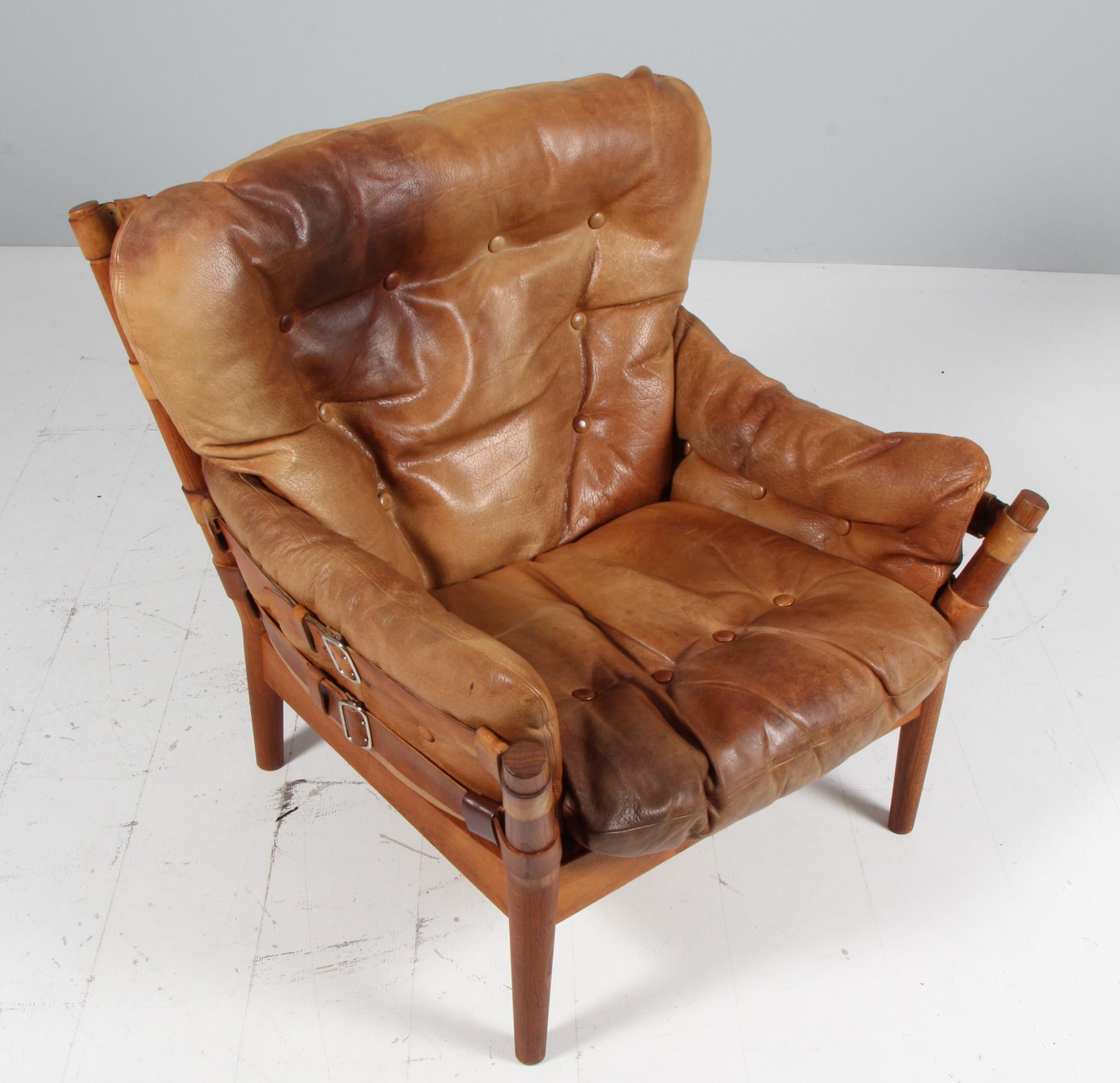 Scandinavian Modern John Mortensen for Magnus Olsen, brutalist lounge chair, oak and leather.