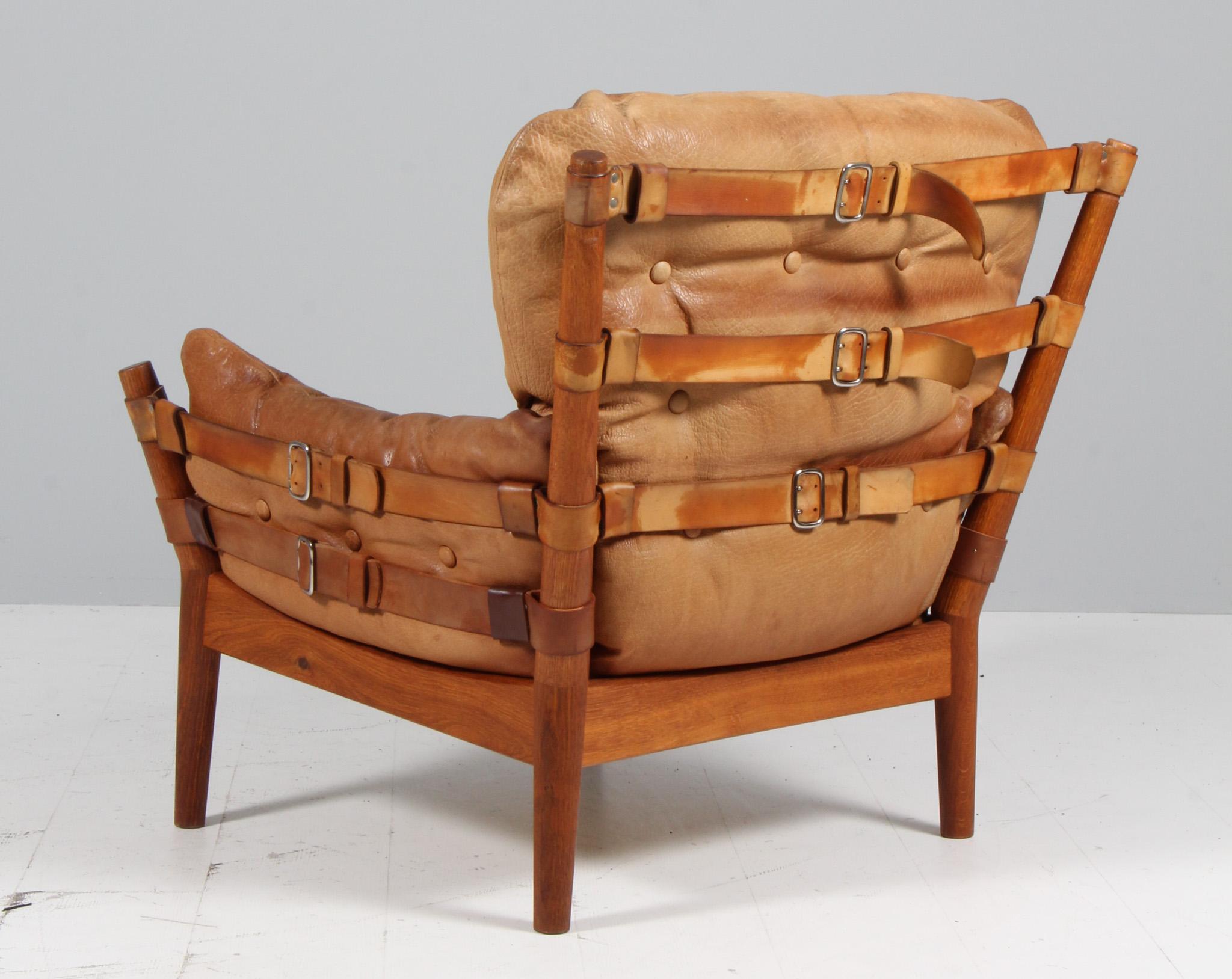 Leather John Mortensen for Magnus Olsen, brutalist lounge chair, oak and leather.