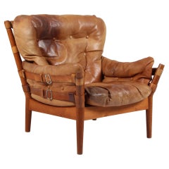 John Mortensen for Magnus Olsen, brutalist lounge chair, oak and leather.