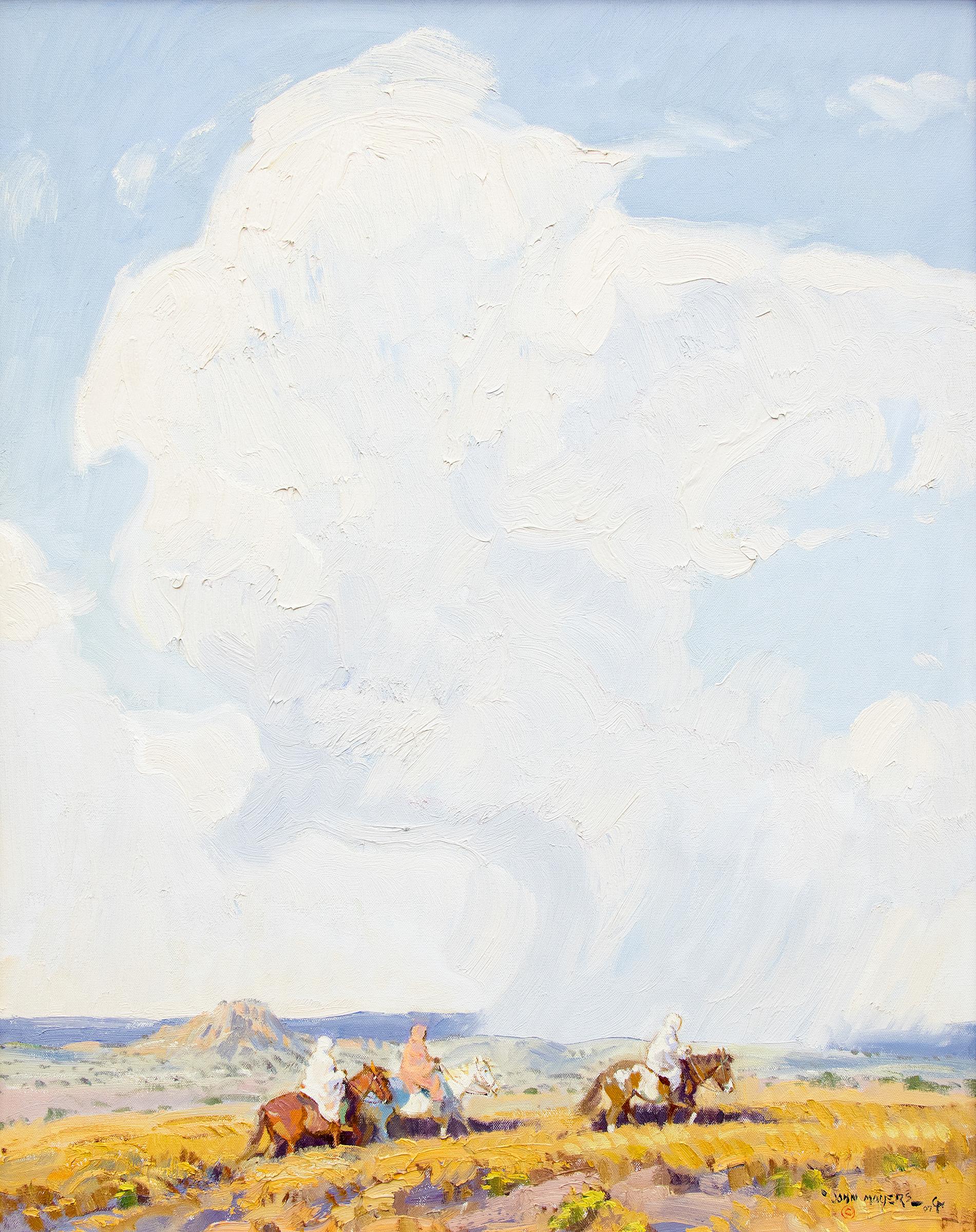 The Rainy Season, Southwestern Landscape, Native American Figures on Horseback - Painting by John Moyers