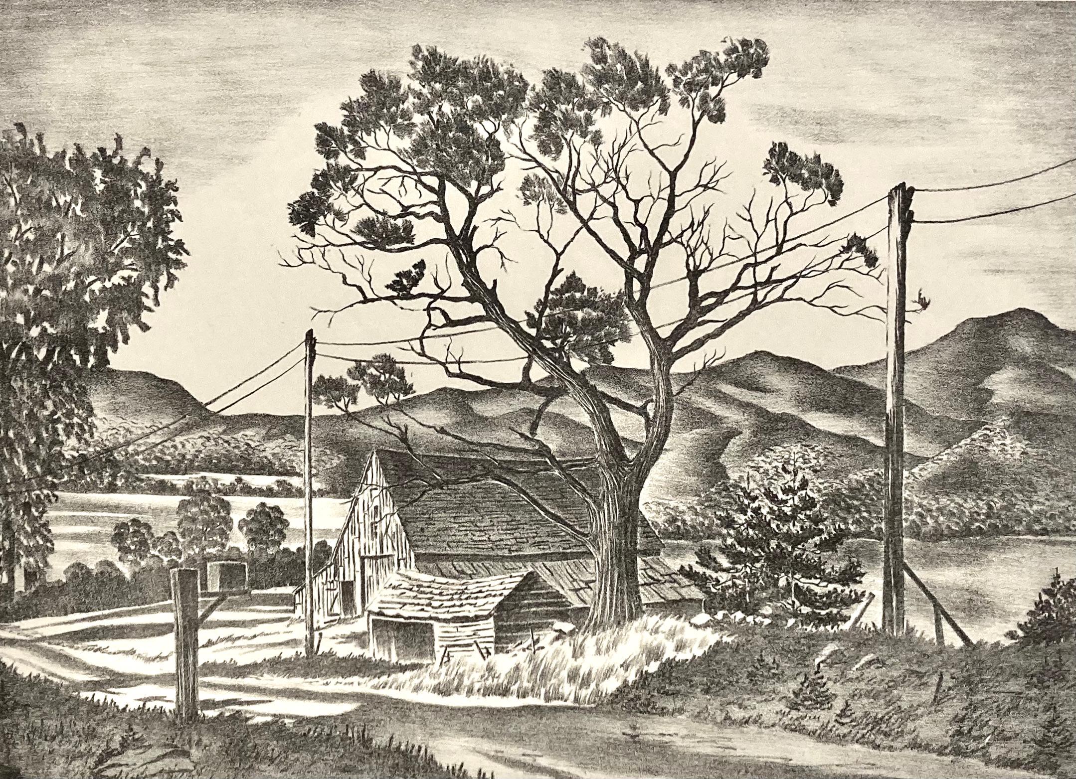 John Muench was a master at drawing on a lithographic stone. He was a New Englander and this is a classic subject both for him and for the area. The trees, the old barns, the mailbox, and the landscape itself -- the fields and the distant hills, all