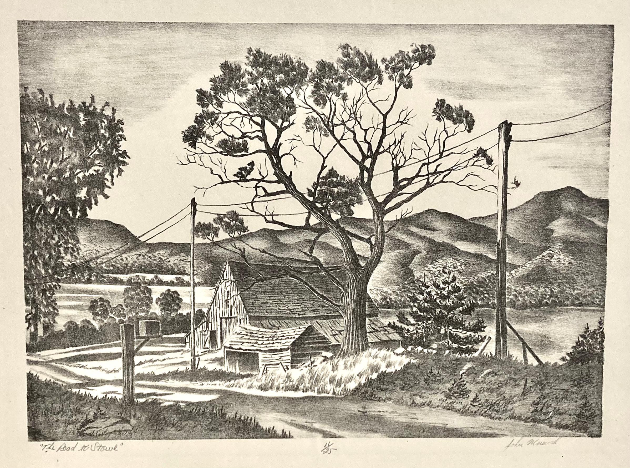 John Muench war ein Meister im Zeichnen auf einem Lithografiestein. Er war ein Neuengländer, und dies ist ein klassisches Thema sowohl für ihn als auch für die Region. Die Bäume, die alten Scheunen, der Briefkasten und die Landschaft selbst - die