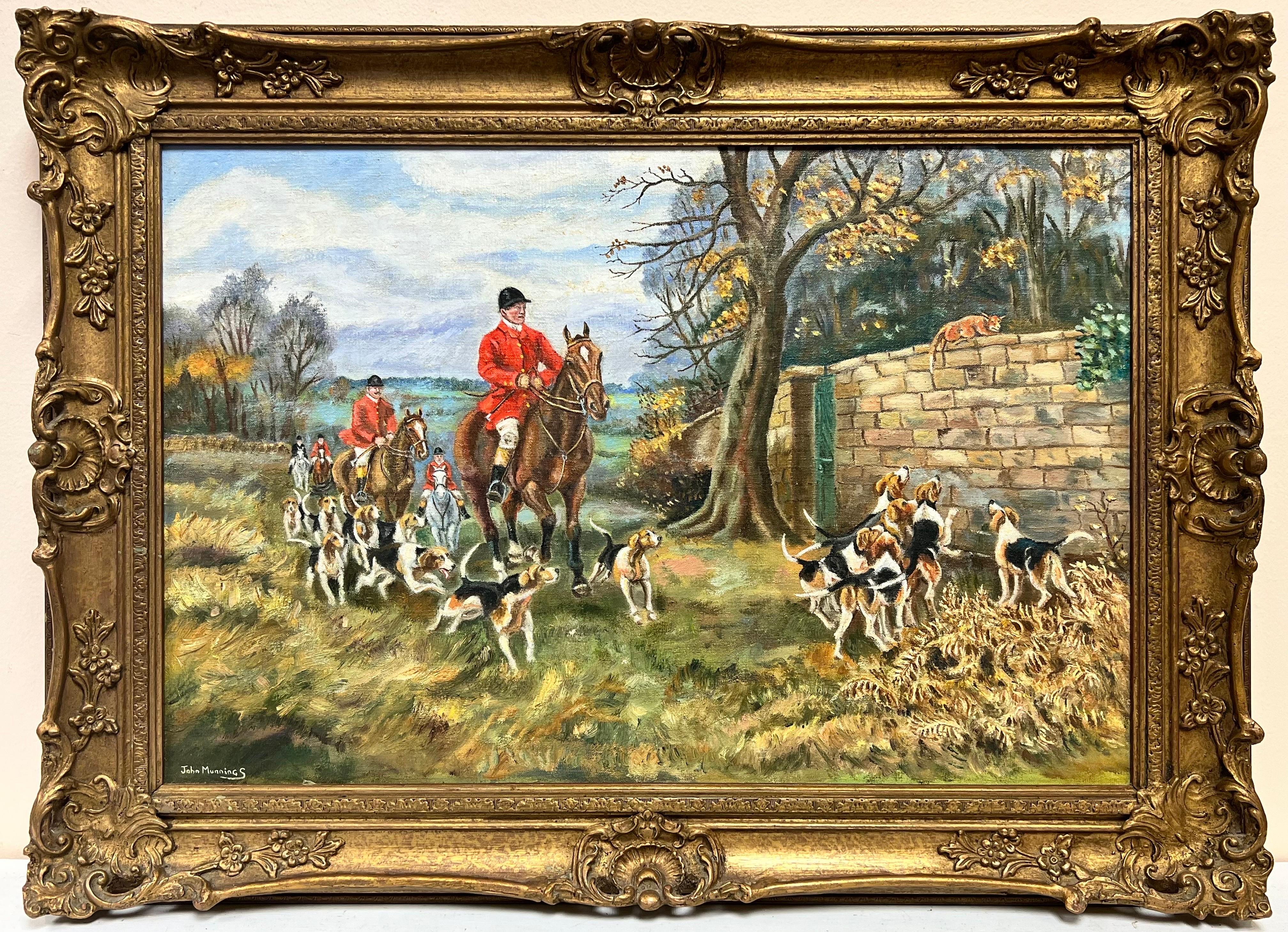 Gran escena de caza británica Pintura al óleo firmada Cazador, caballos, sabuesos y zorro - Painting de John Munnings