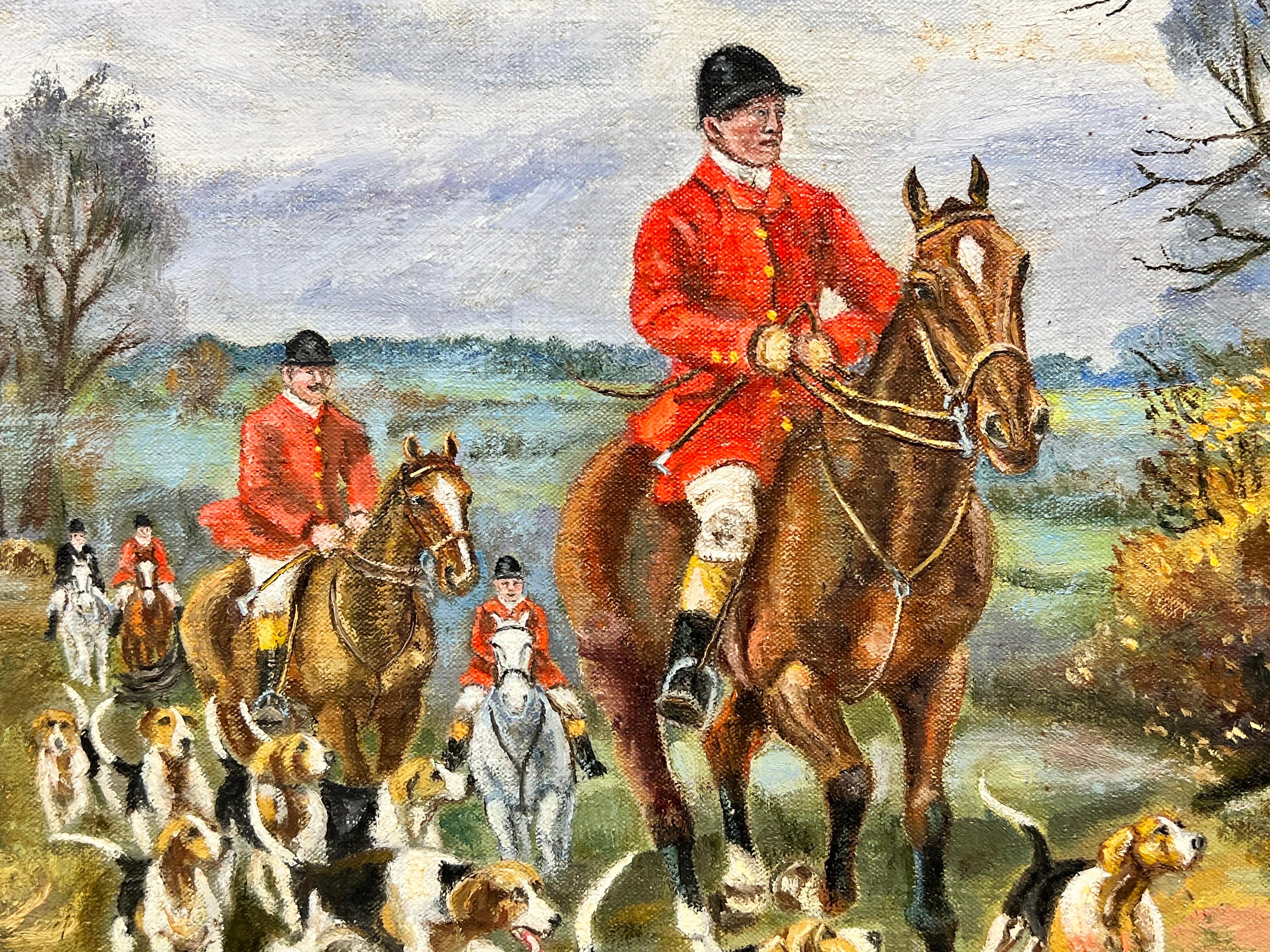 Large British Hunting Scene Signed Oil Painting Huntsman, Horses Hounds & Fox For Sale 3
