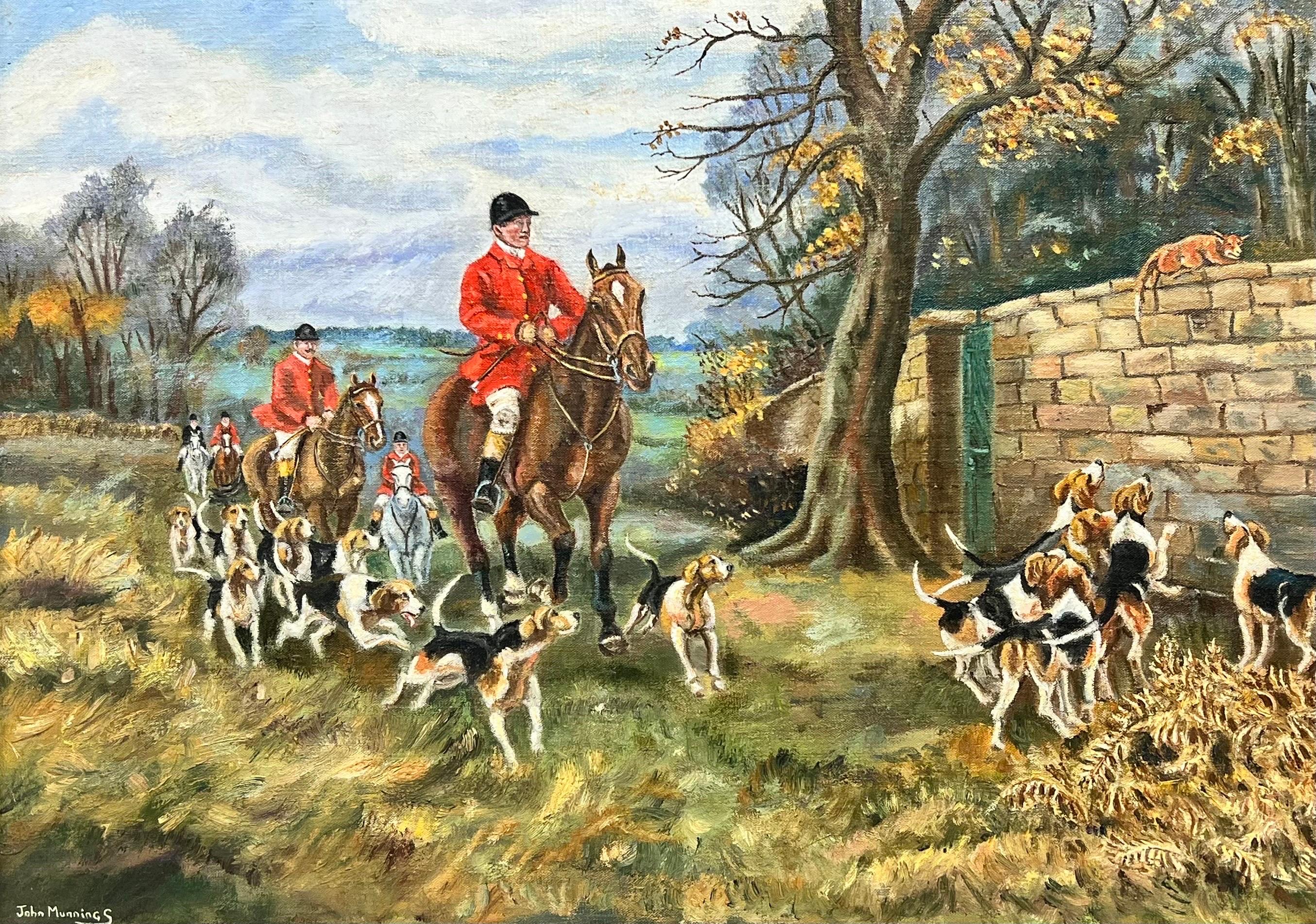 Large British Hunting Scene Signed Oil Painting Huntsman, Horses Hounds & Fox