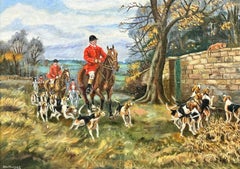 Vintage Large British Hunting Scene Signed Oil Painting Huntsman, Horses Hounds & Fox