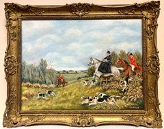Large British Hunting Scene Signed Oil Painting Lady Side Saddle on Horseback
