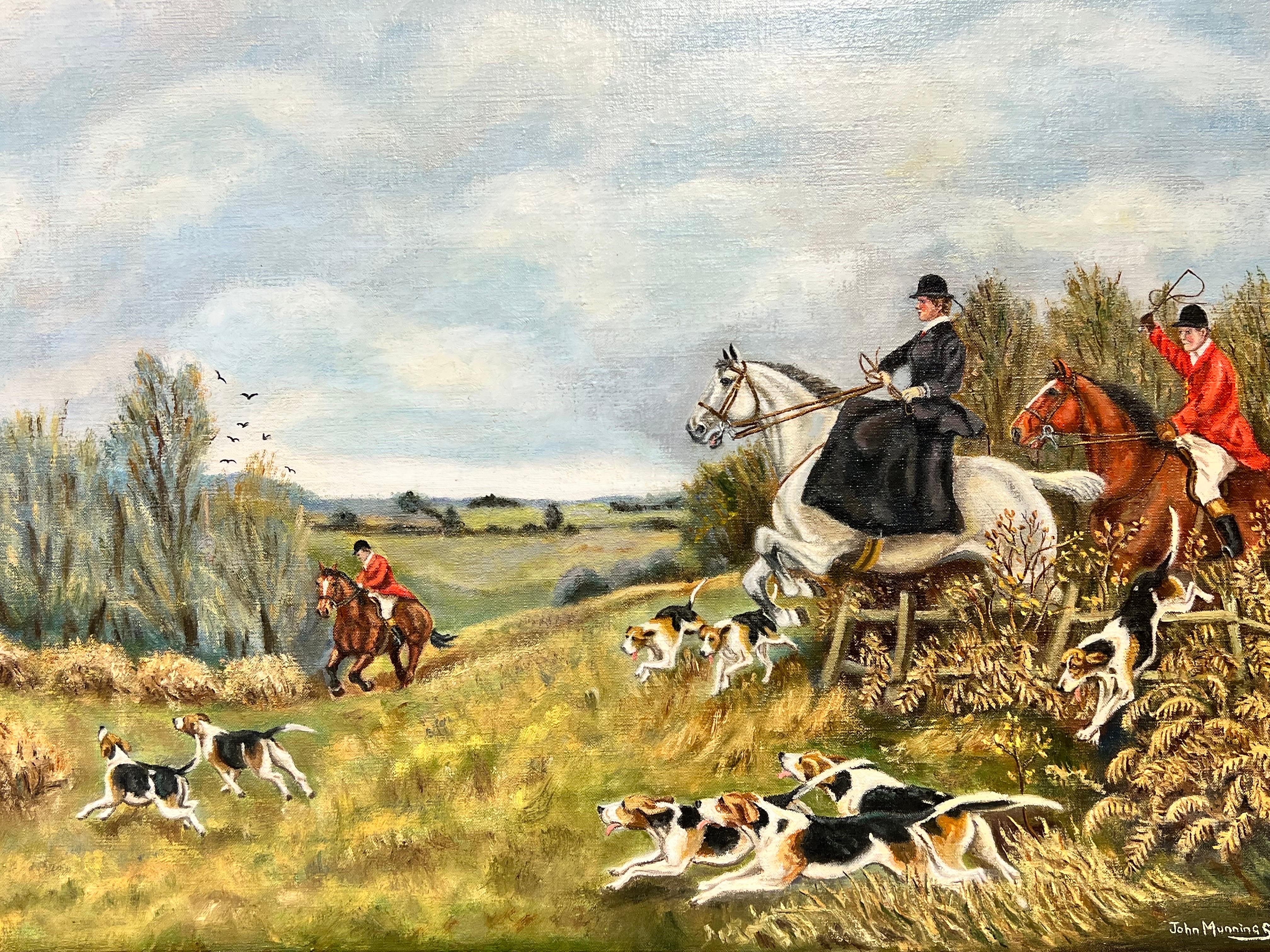 Large British Hunting Scene Signed Oil Painting Lady Side Saddle on Horseback For Sale 1