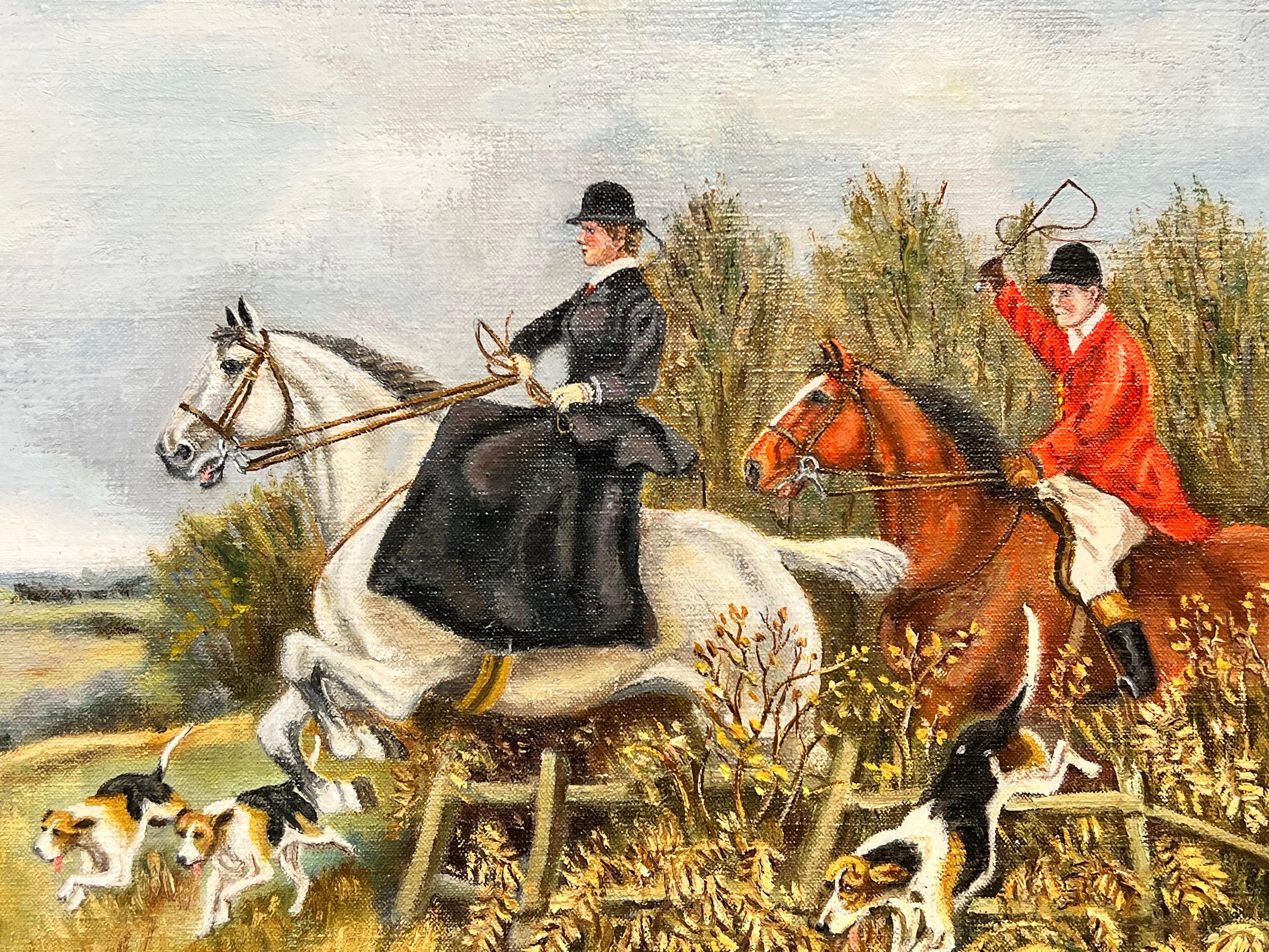 Large British Hunting Scene Signed Oil Painting Lady Side Saddle on Horseback For Sale 4