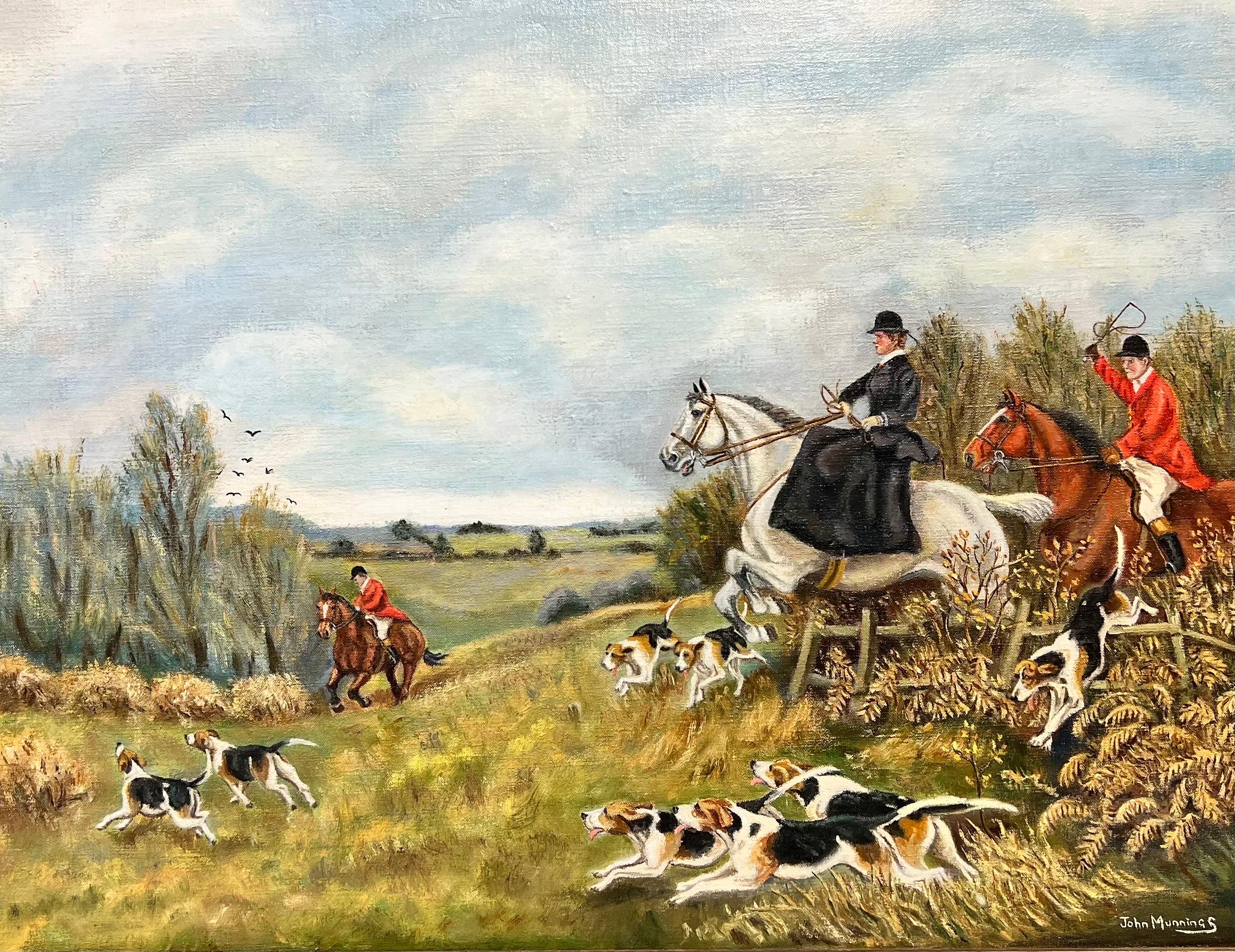 Grande scène de chasse britannique Signé Peinture à l'huile Lady Side Saddle on Horseback