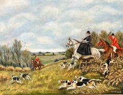 Large British Hunting Scene Signed Oil Painting Lady Side Saddle on Horseback