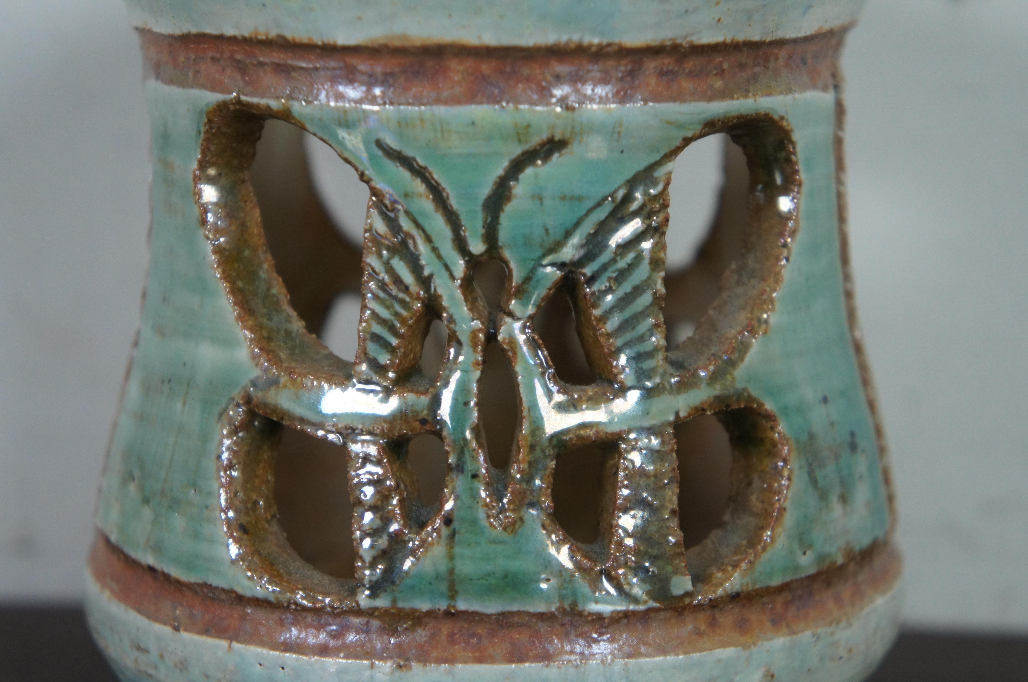 John Nartker Midcentury Ceramic Candleholder Pierced Butterfly Turquoise 2