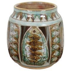 John Nartker Midcentury Ceramic Candleholder Lantern Green Brown Southwestern