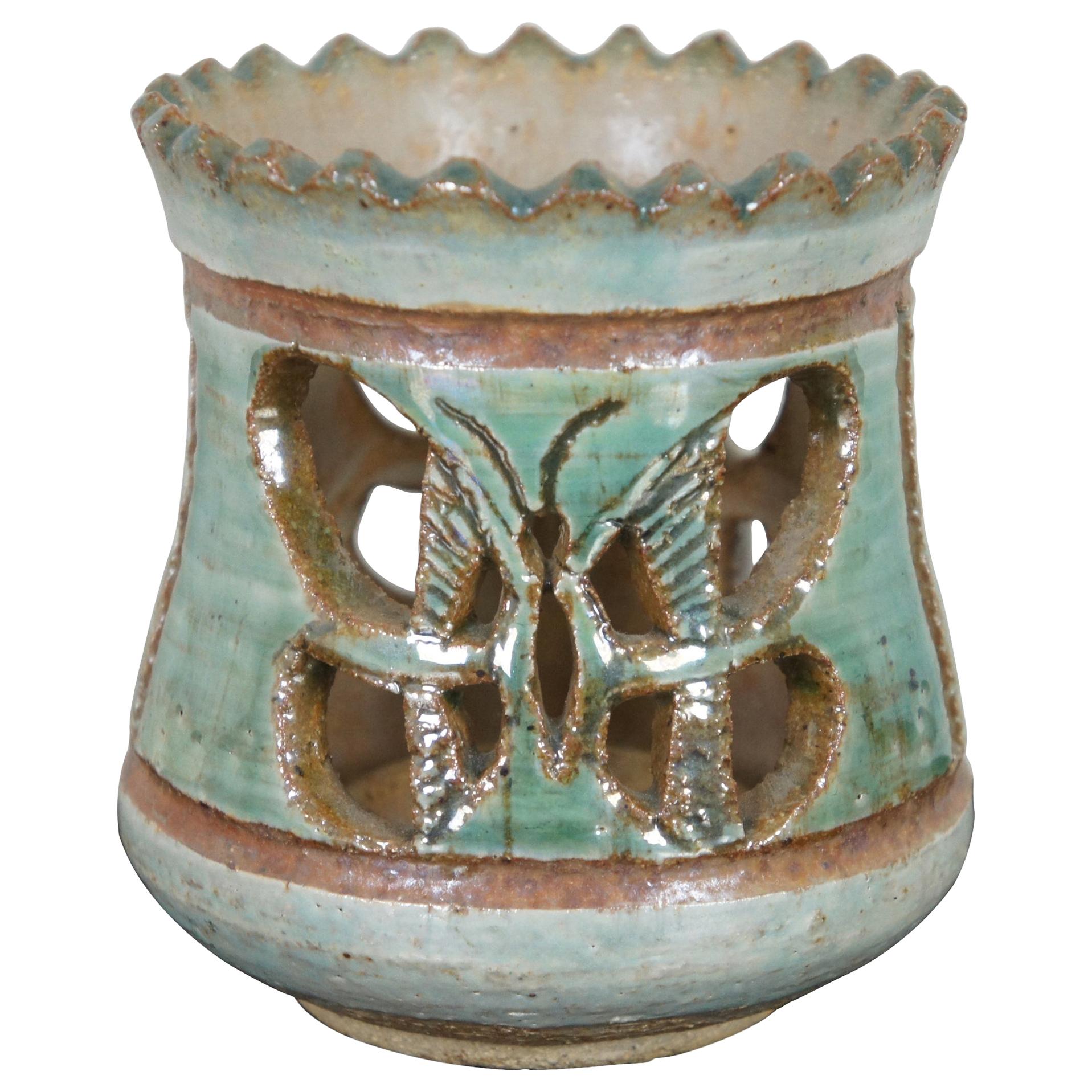 John Nartker Midcentury Ceramic Candleholder Pierced Butterfly Turquoise