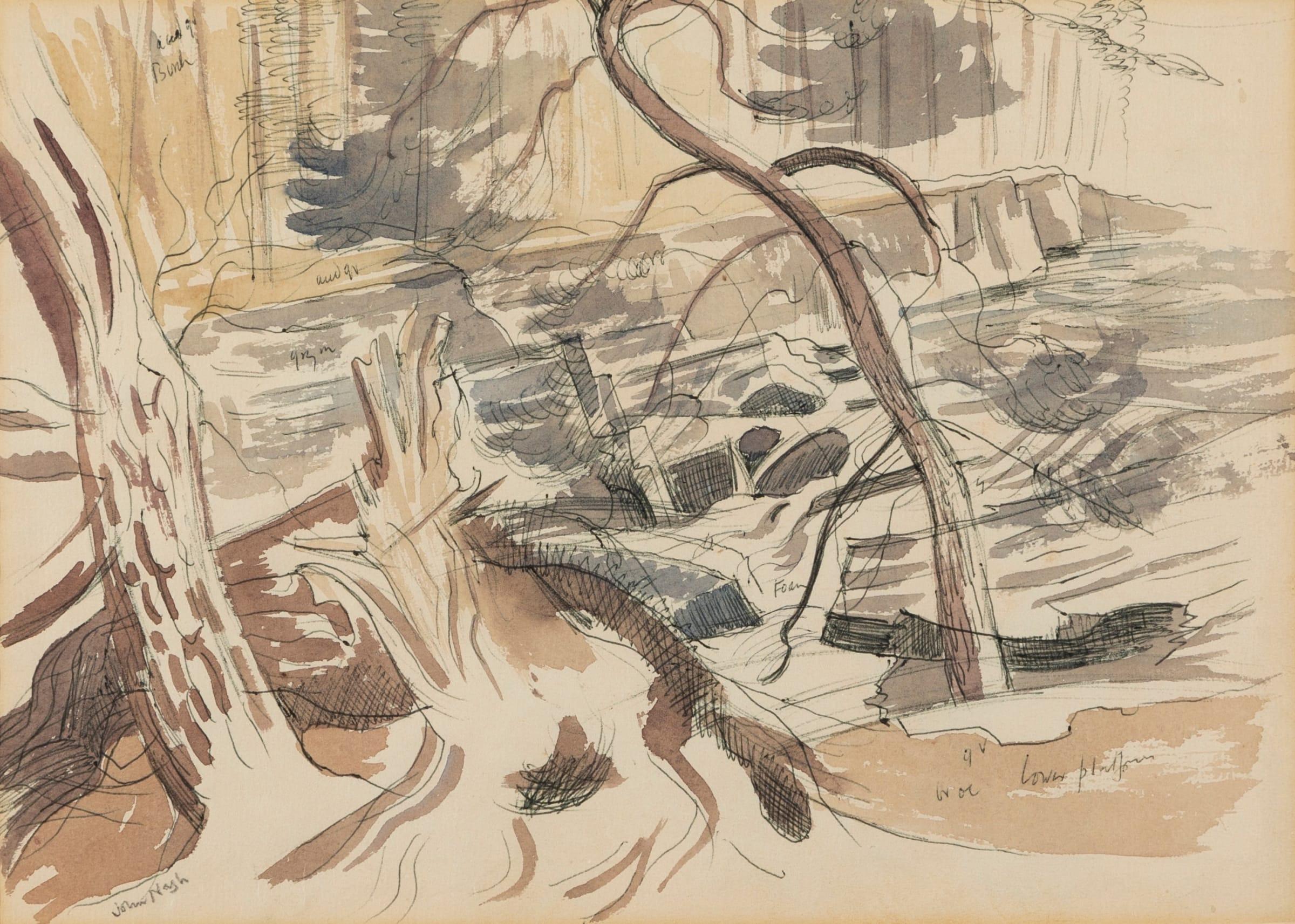 Paisaje de montaña, Dibujo a pluma y tinta de John Nash, Años 50, Doble cara en venta 1