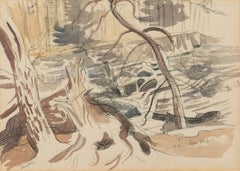 Paesaggio di montagna, disegno a penna e inchiostro di John Nash, anni '50, doppia faccia