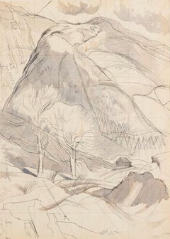 Paysage de montagne, dessin à la plume et à l'encre de John Nash, années 1950, recto-verso
