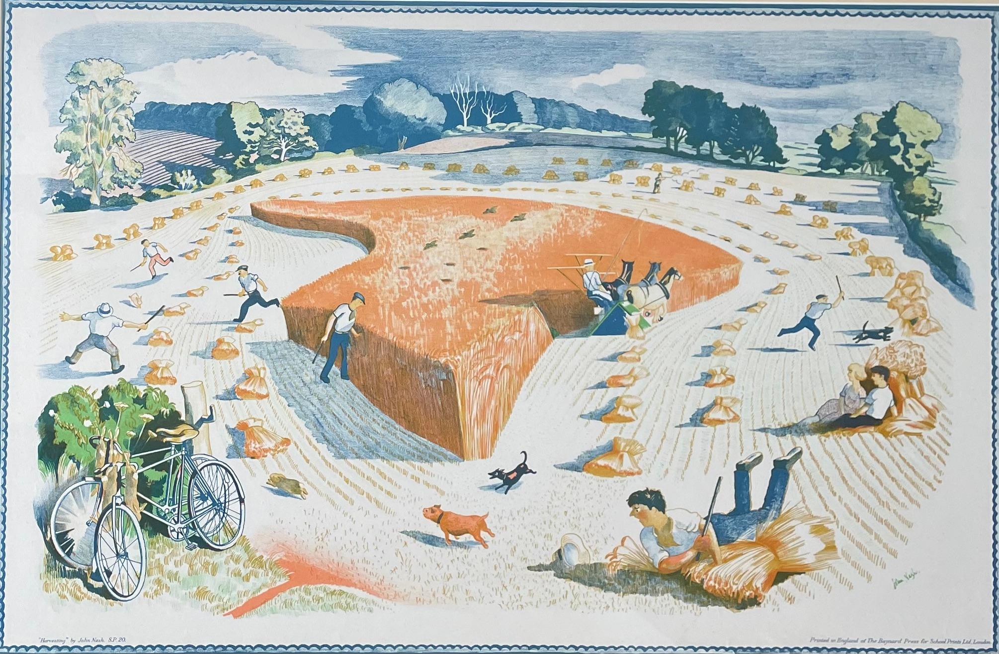 John Nash RA - Cosechando - Grabado escolar - Litografía británica del siglo XX en venta 1