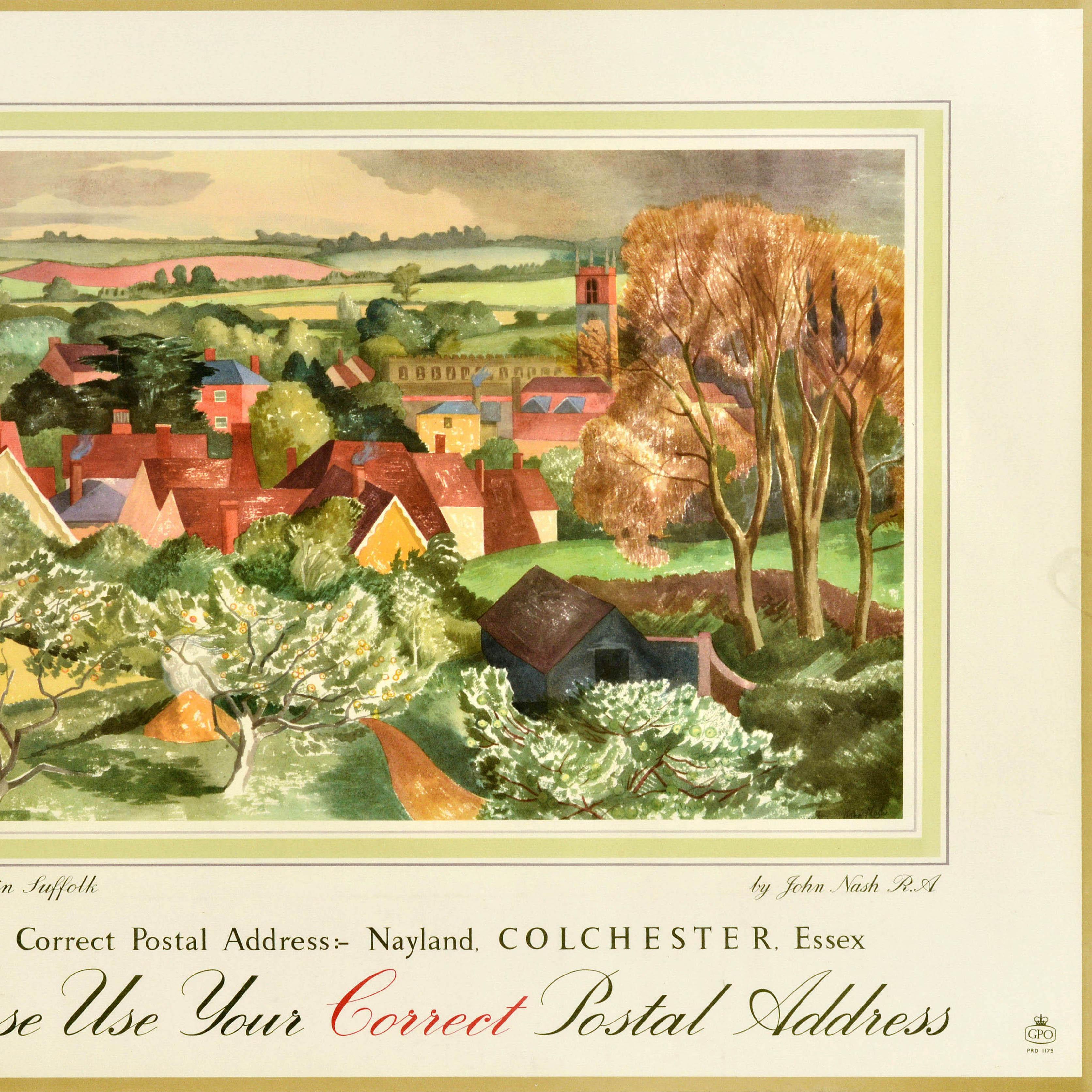 Affiche publicitaire vintage originale d'un bureau de poste représentant une superbe œuvre d'art de l'artiste britannique John Nash (1893-1977) représentant un village pittoresque avec des maisons aux toits rouges. La légende sous l'image indique -