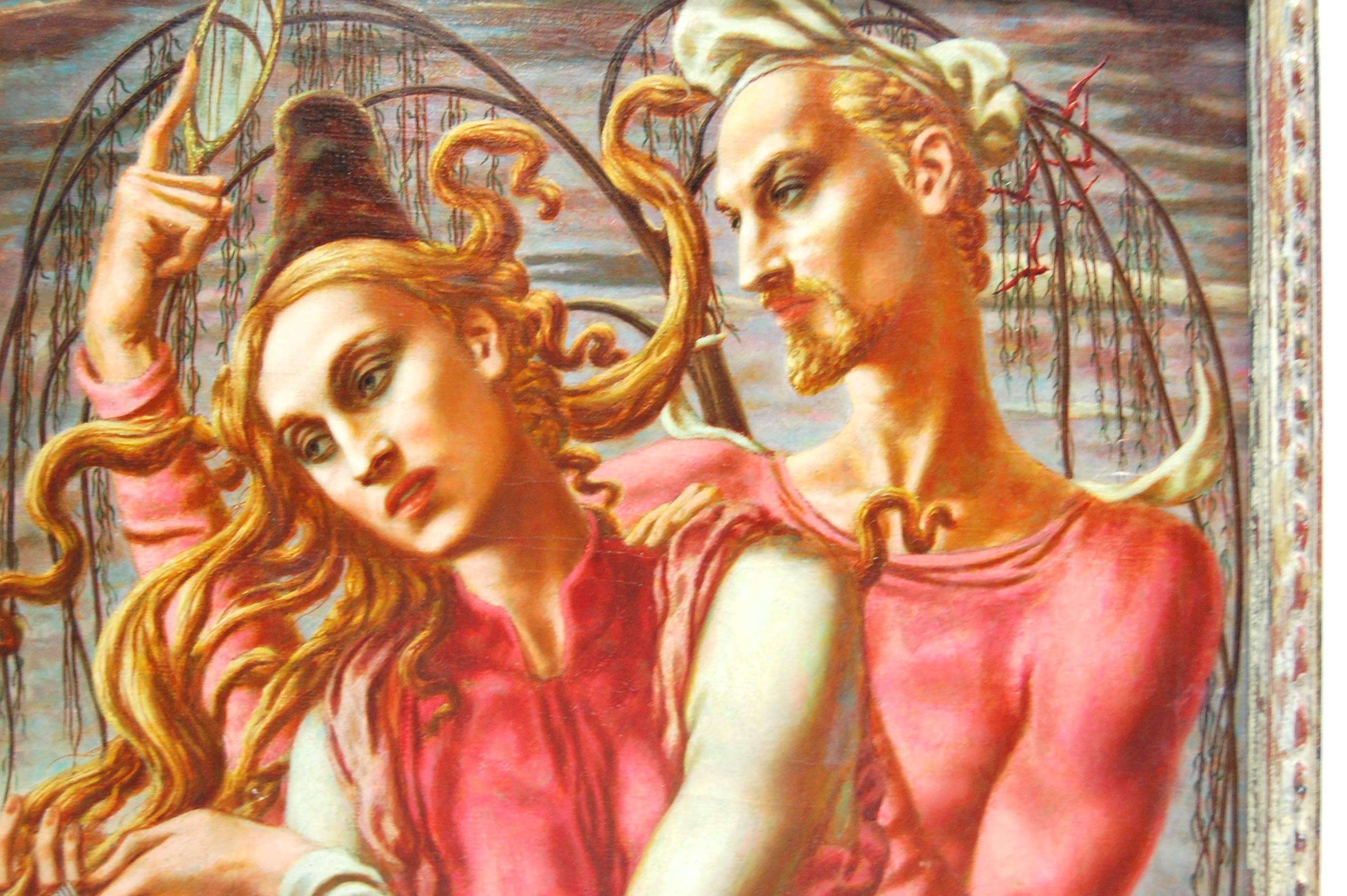 Ivery Tower Modernes figuratives Ölgemälde
John Nathaniel Fenton wurde 1929 in Mountaindale, New York, geboren. Er ist ein amerikanischer Maler und Grafiker des 20. Jahrhunderts, der an der Art Students League in New York und am Atelier 17 in Paris