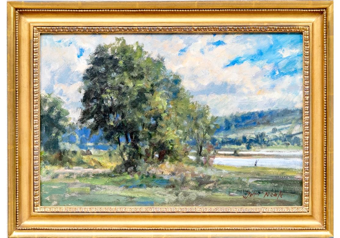 John Neale (inglese, nato nel XX secolo) Olio su tavola firmato, Paesaggio estivo in vendita 5