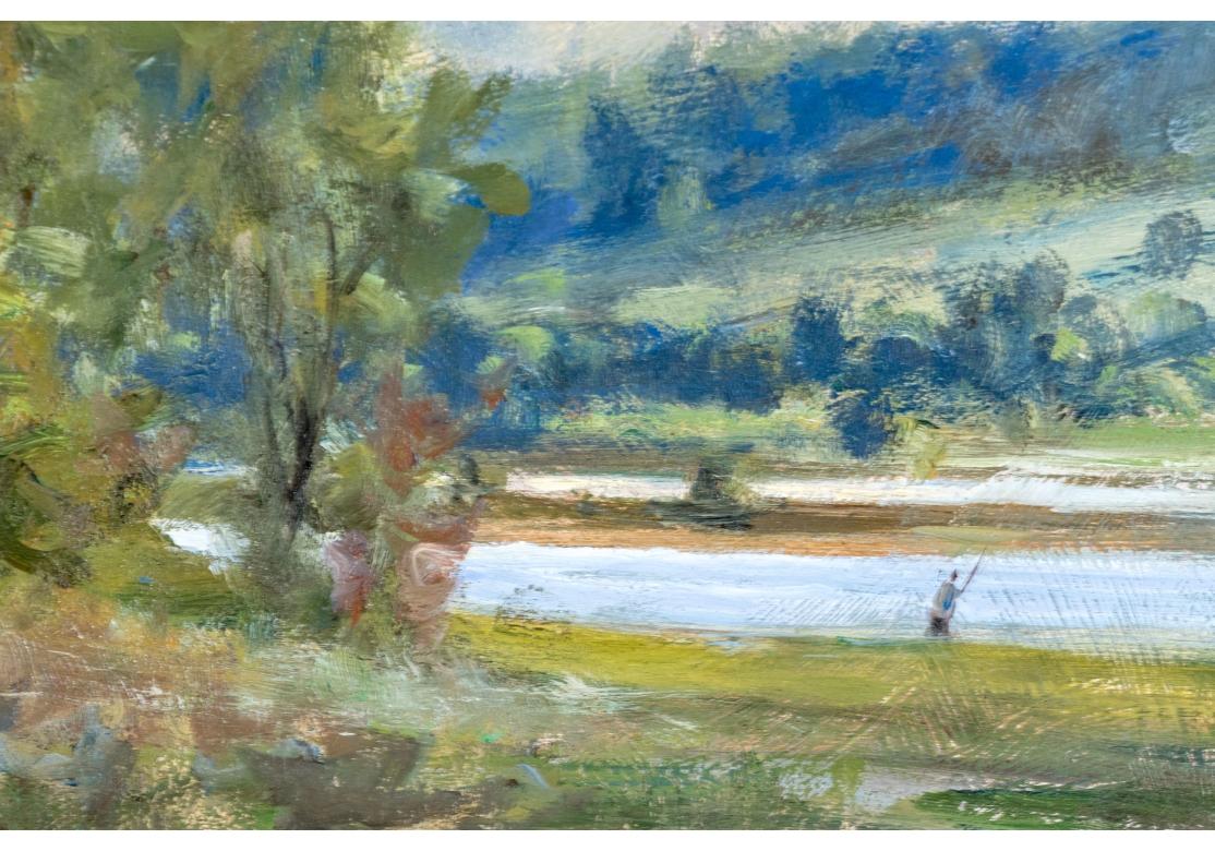 Stile Adirondack John Neale (inglese, nato nel XX secolo) Olio su tavola firmato, Paesaggio estivo in vendita