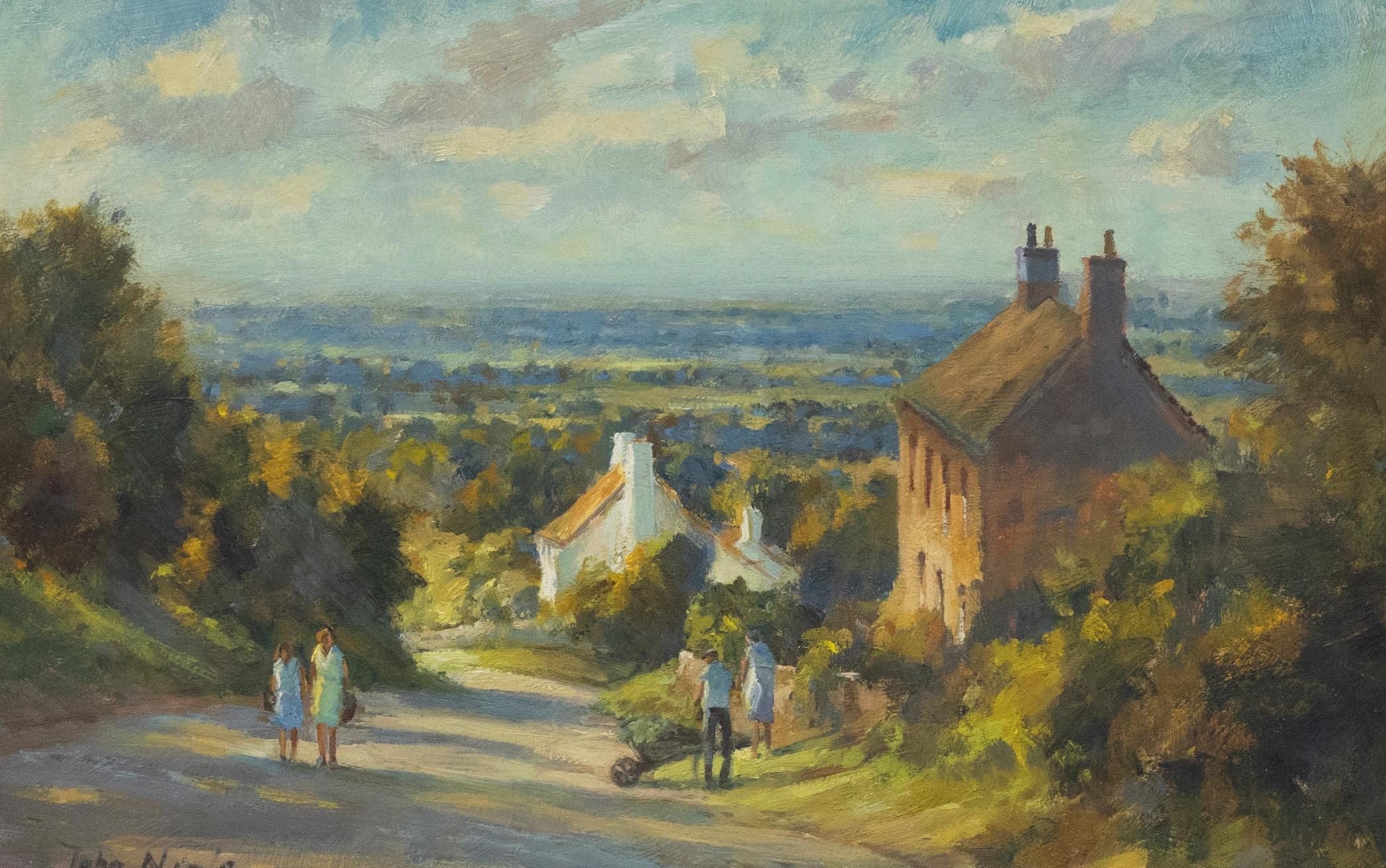 An original oil by John Neale, depicting figures strolling Dover's Hill in the idyllic Cotswolds. The impressionistic study has been beautifully presented in a gilt and wood frame with a white coloured slip. Signed to the lower left edge. On canvas