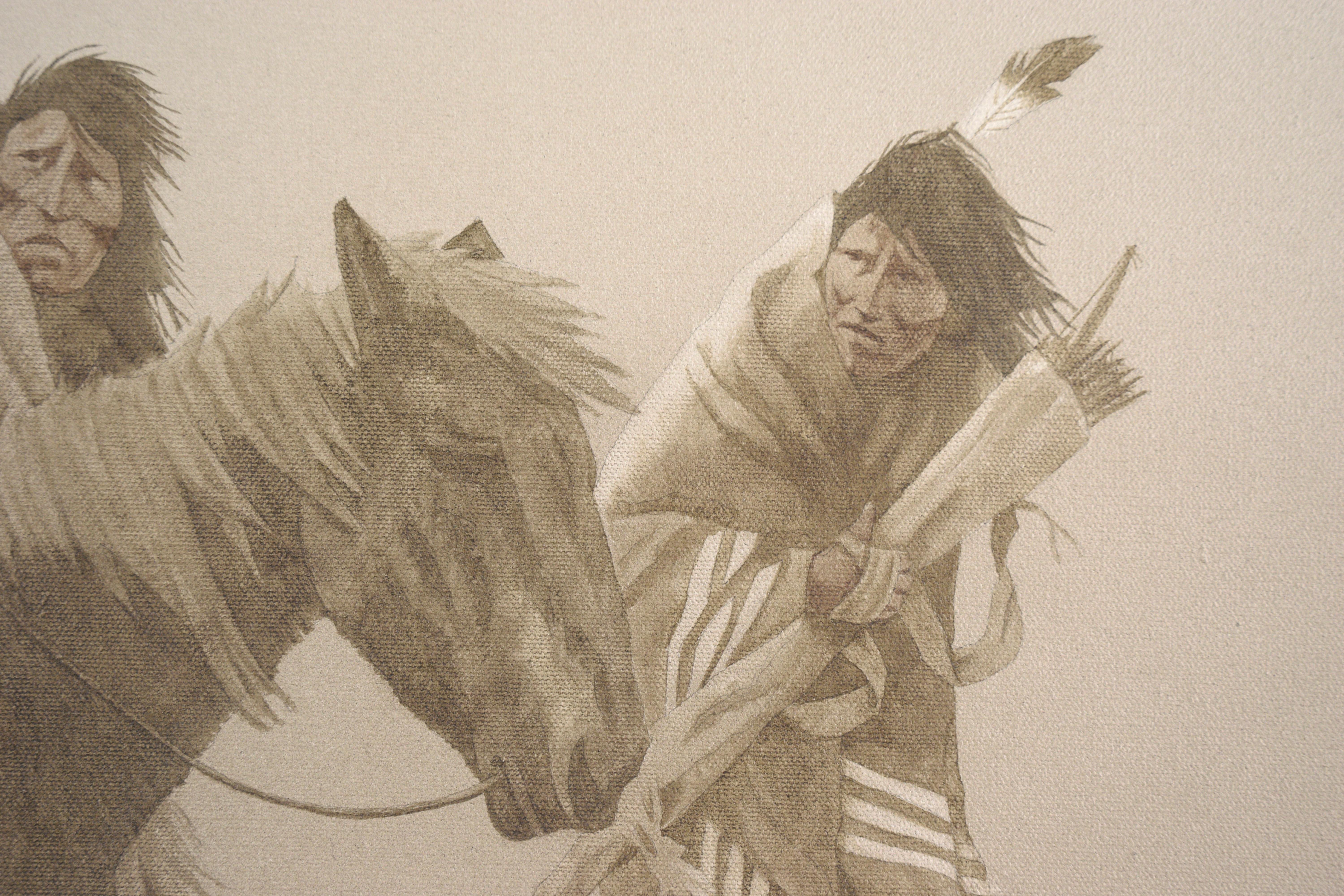 Düstere Darstellung der amerikanischen Ureinwohner im Winter von John Pace (Amerikaner, 1930-2006). Acryl auf Leinwand. Signiert 