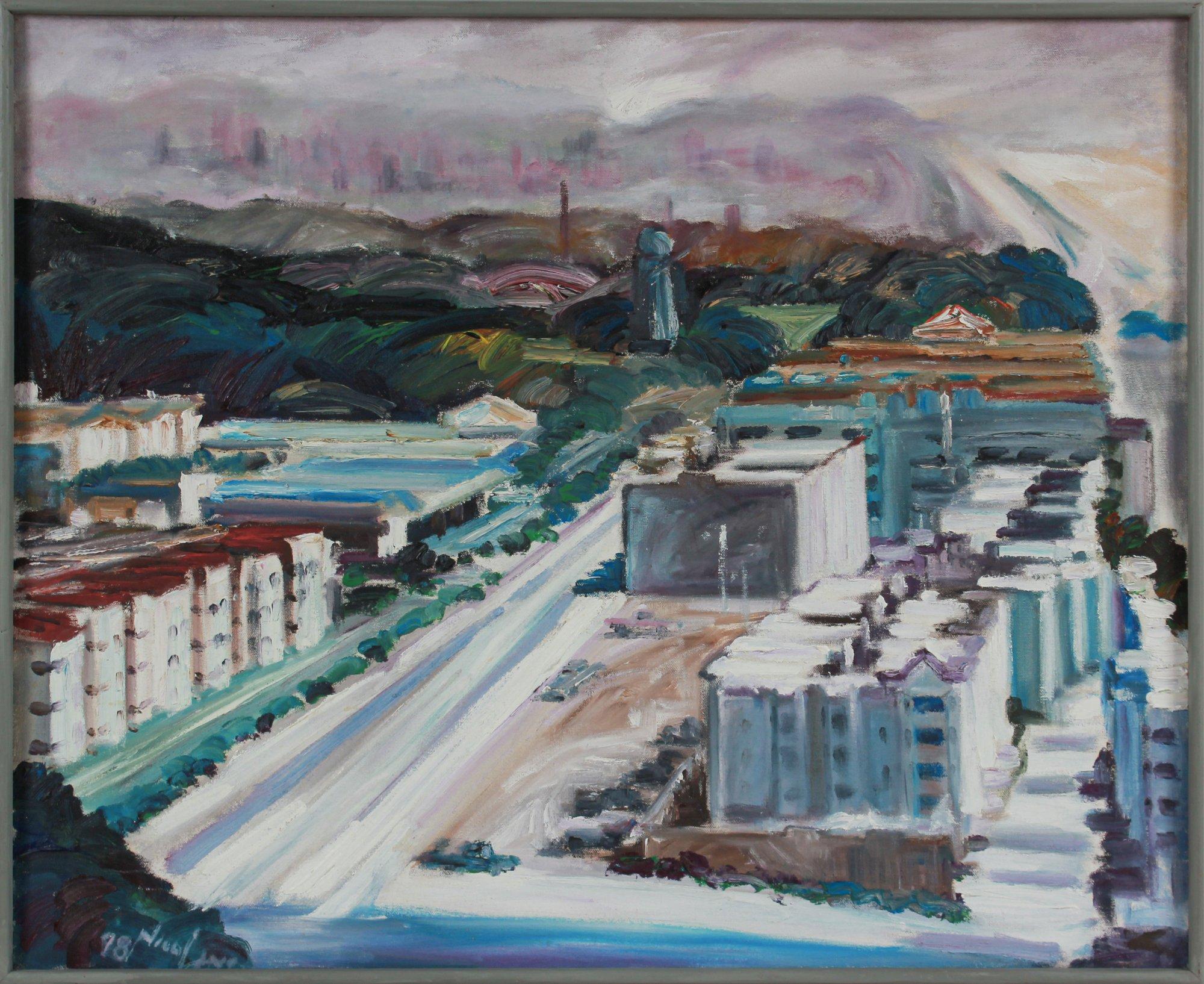 John Nicolini Landscape Painting - Aerial View of SF from Ocean Beach 1998 Oil Painting