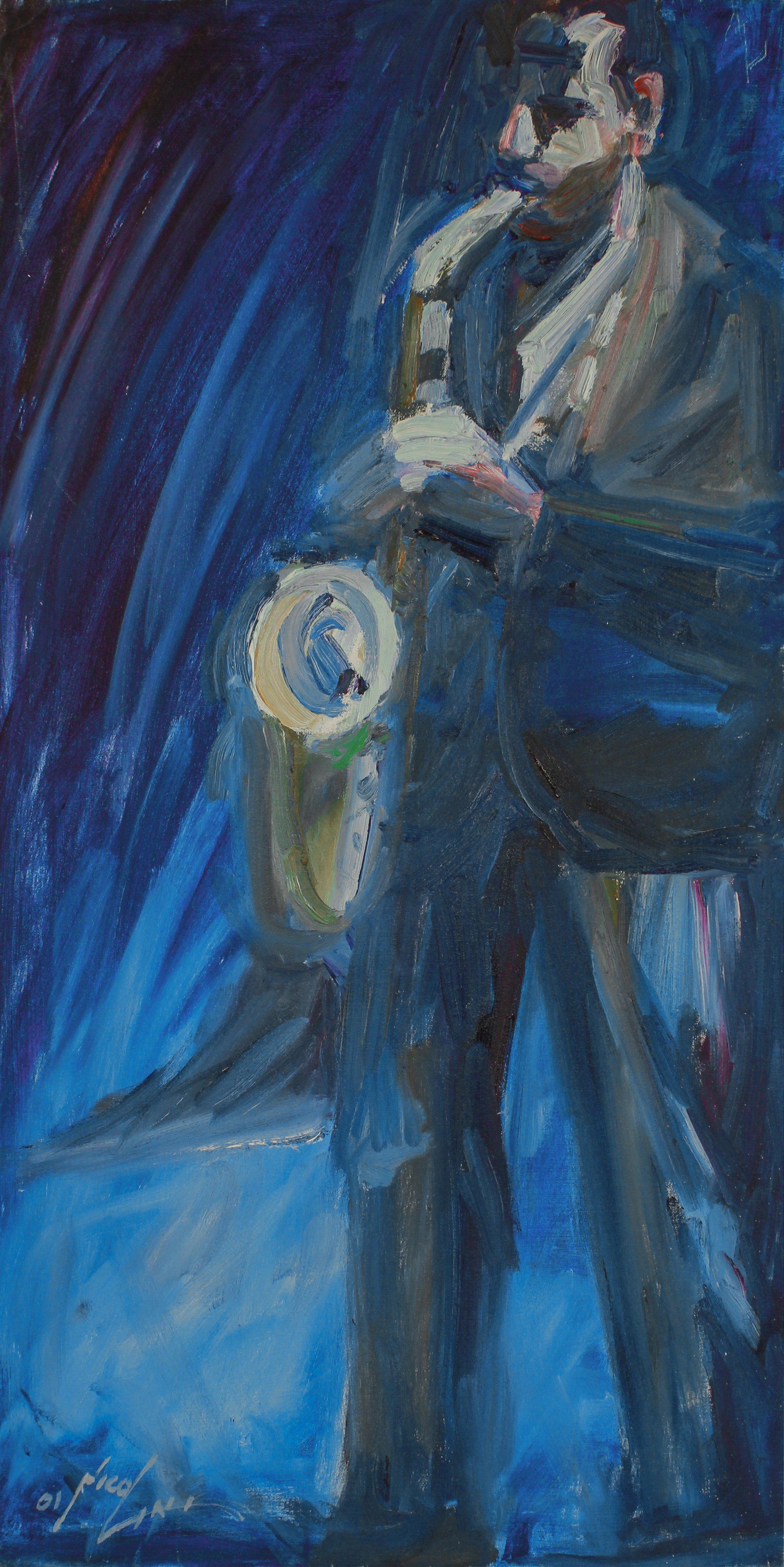 John Nicolini Portrait Painting - Standing Saxophone Player 2001 Oil Painting in Blue