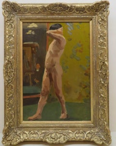 Fine Early 20th Century Figurative Male Nude Study - English Oil Painting