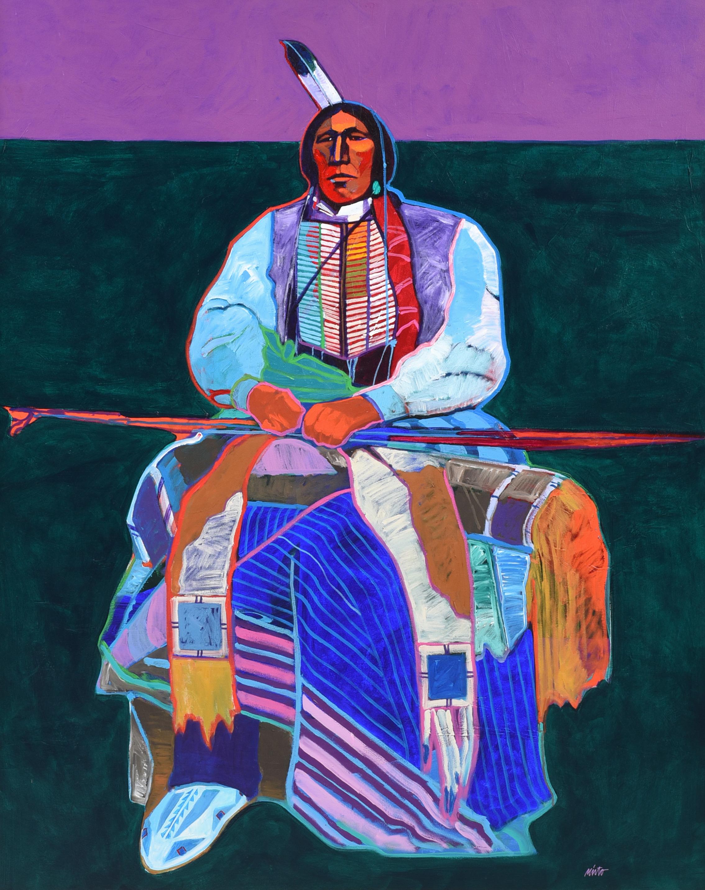 A vertical acrylic portrait painting of a Native American warrior holding his bow by celebrated artist John Nieto. Using a contemporary approach to American Western Art, Nieto builds on a traditional portrait composition with bright neon colors and