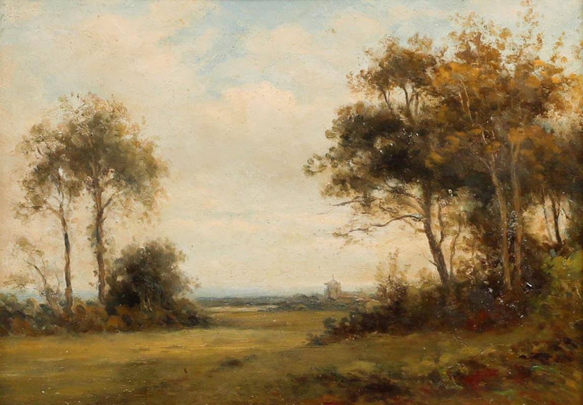 Cerchio di John Noble Barlow - Olio del XIX secolo, Chiesa del villaggio dal prato in vendita 1