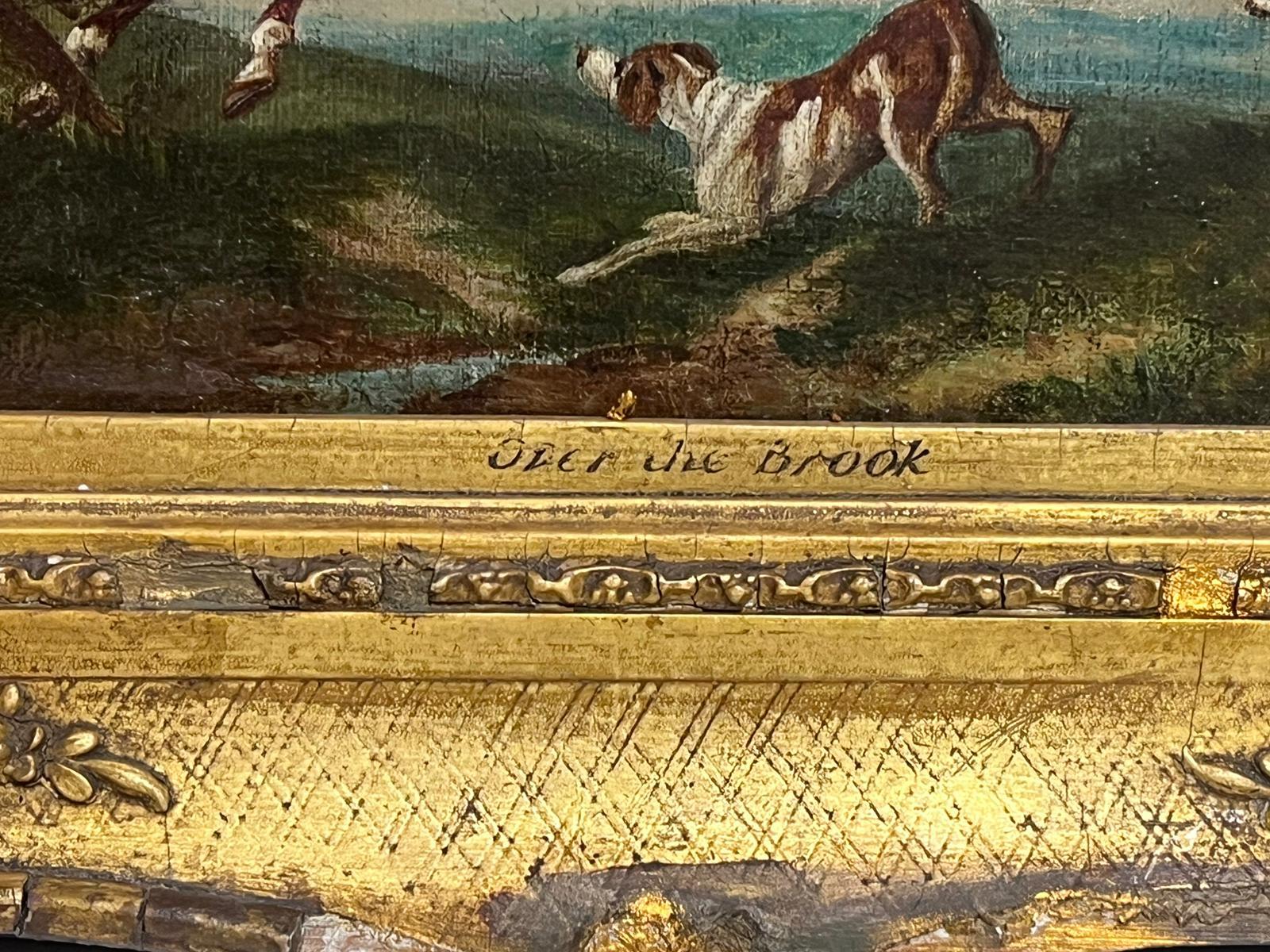 18th Century English Fox Hunting Oil Painting Wood Panel Gilt Frame For Sale 1