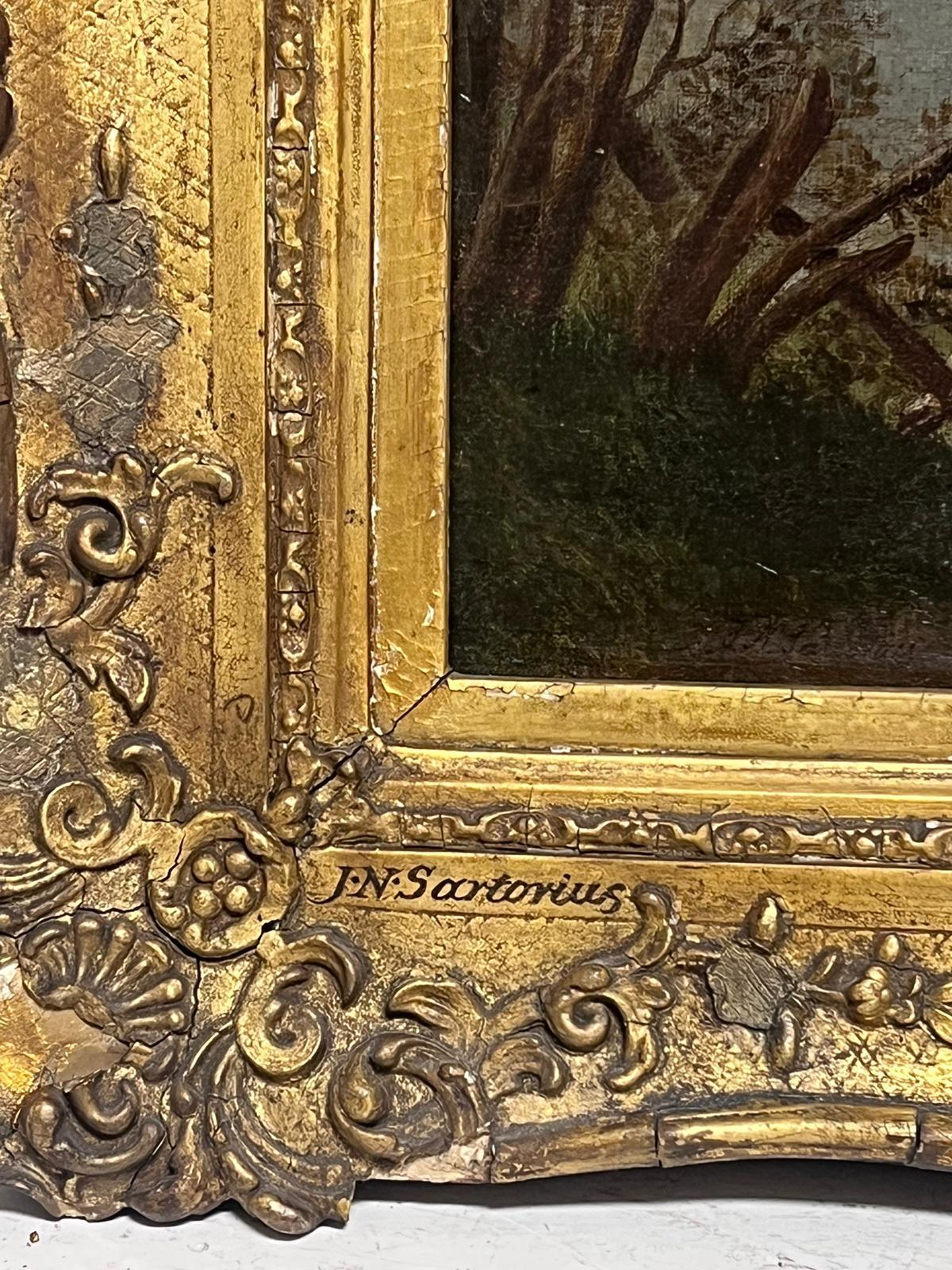 18th Century English Fox Hunting Oil Painting Wood Panel Gilt Frame 1