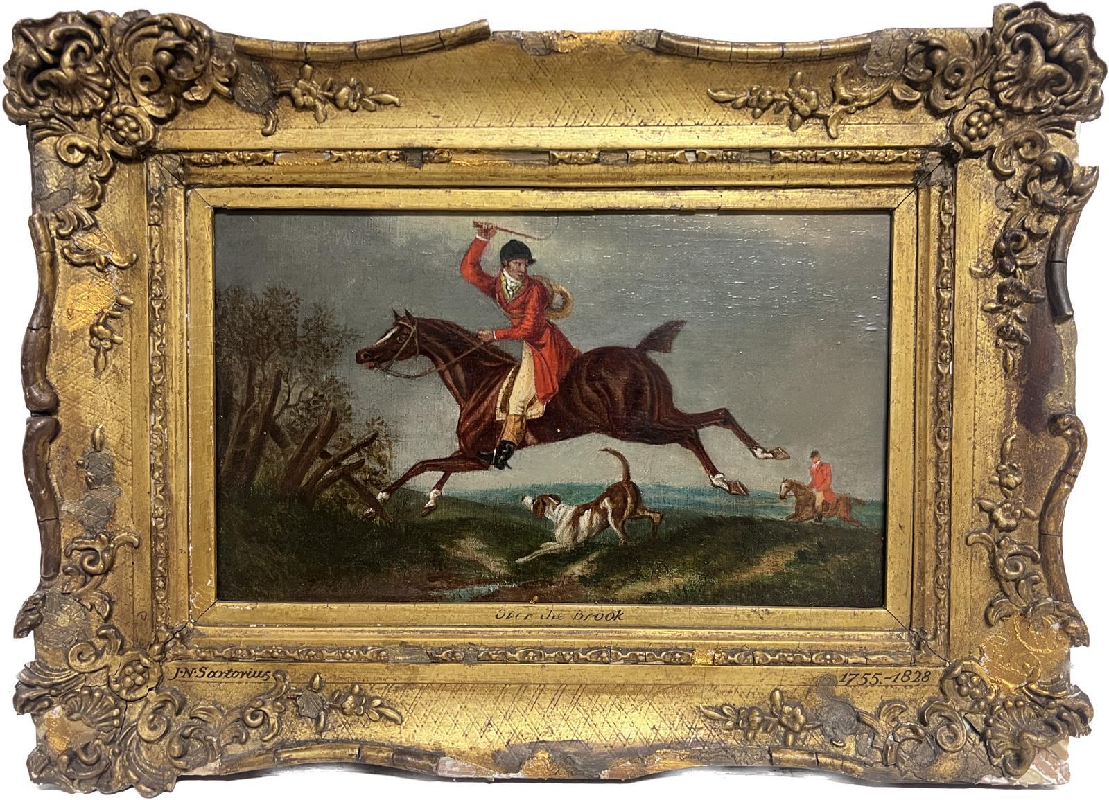 Peinture à l'huile anglaise du 18ème siècle représentant la chasse à la renard et un cadre doré