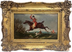Antique 18th Century English Fox Hunting Oil Painting Wood Panel Gilt Frame