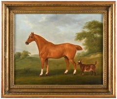 Antique A chestnut horse and a goat in a landscape 