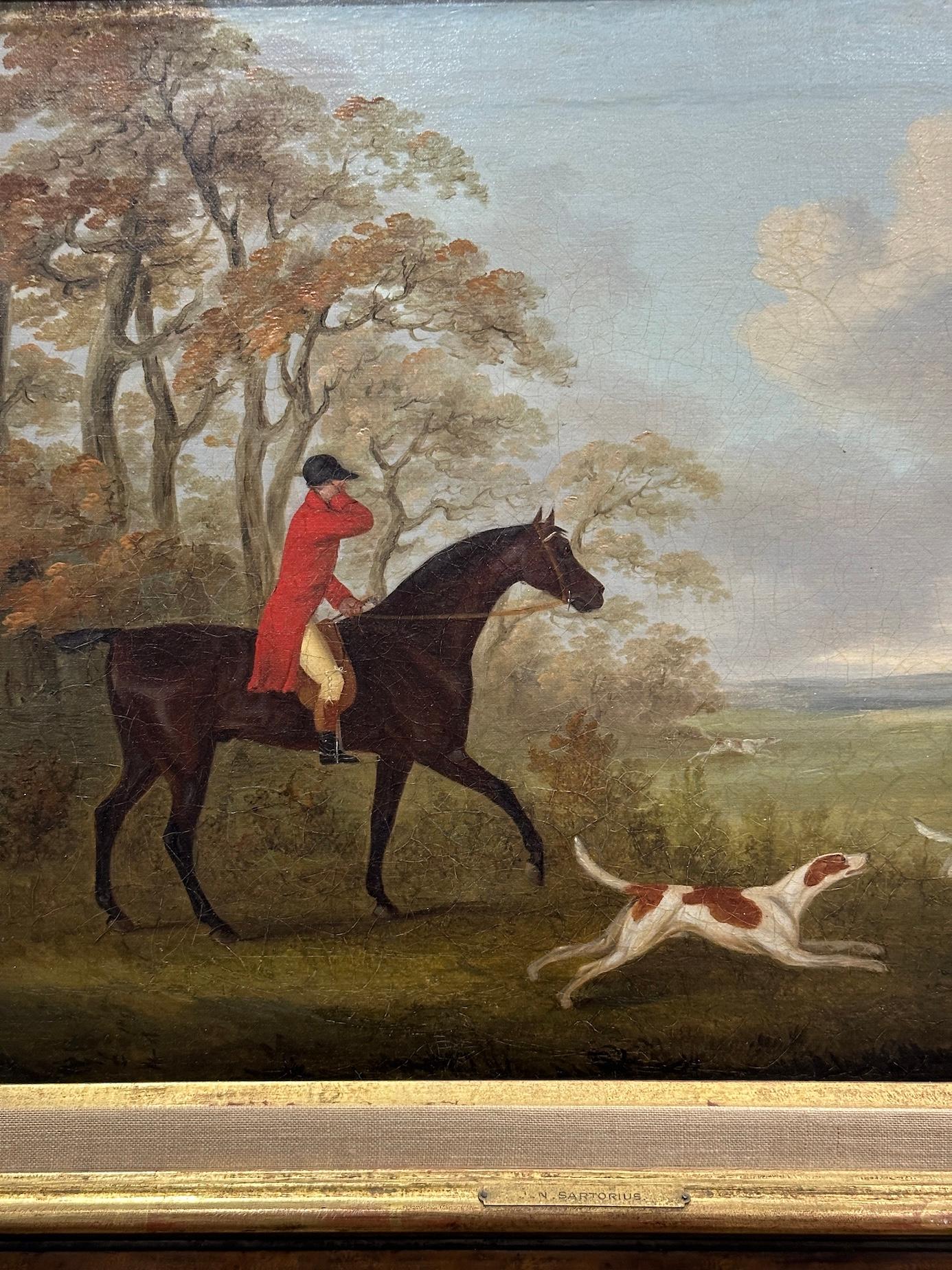 English 19th century Fox hunter with hounds, hunter and rider in a landscape - Painting by John Nost Sartorius
