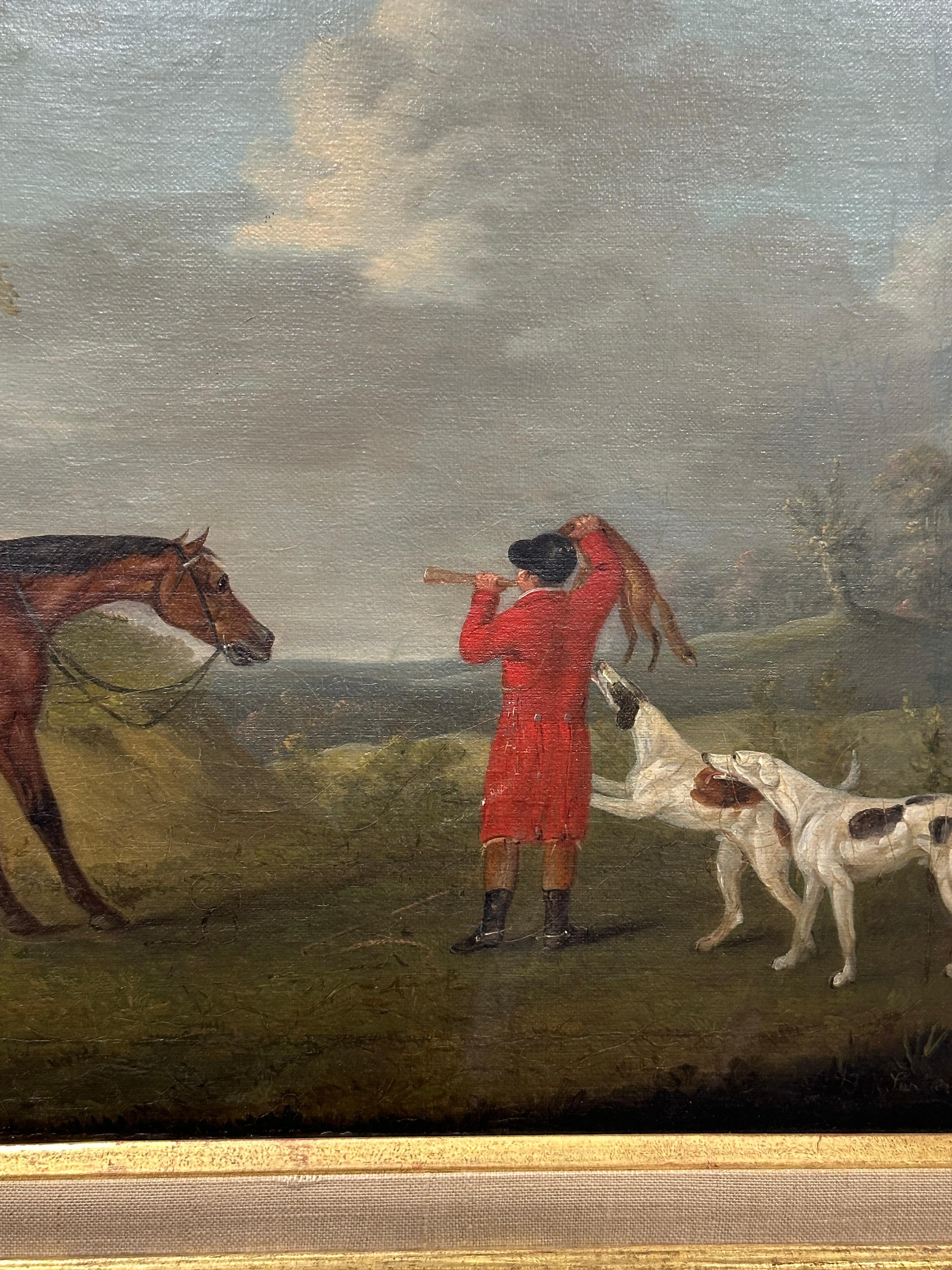 English 19th century Fox hunter with hounds, hunter and rider in a landscape - Painting by John Nost Sartorius