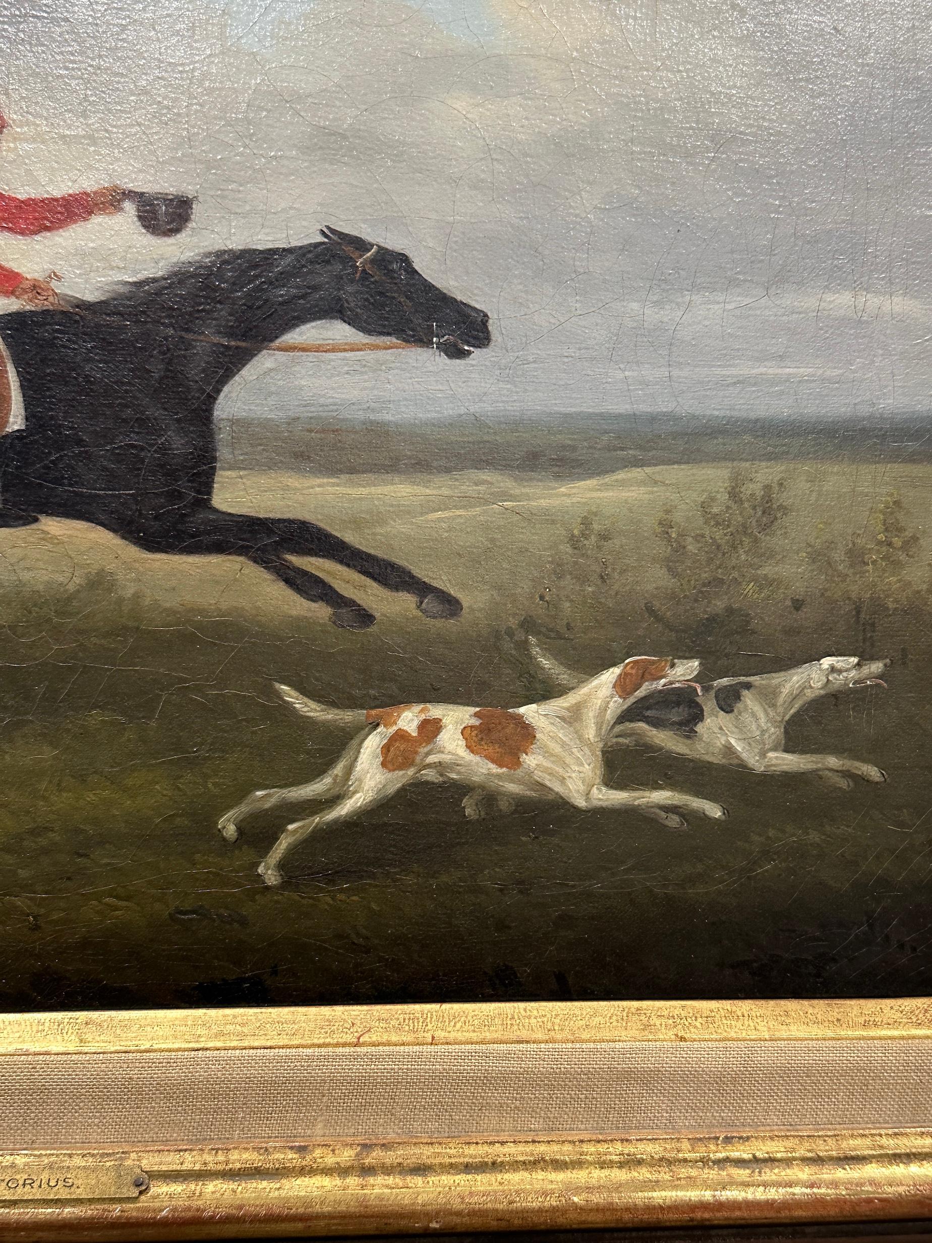 English 19th century Fox hunter with hounds, hunter and rider in a landscape - Victorian Painting by John Nost Sartorius