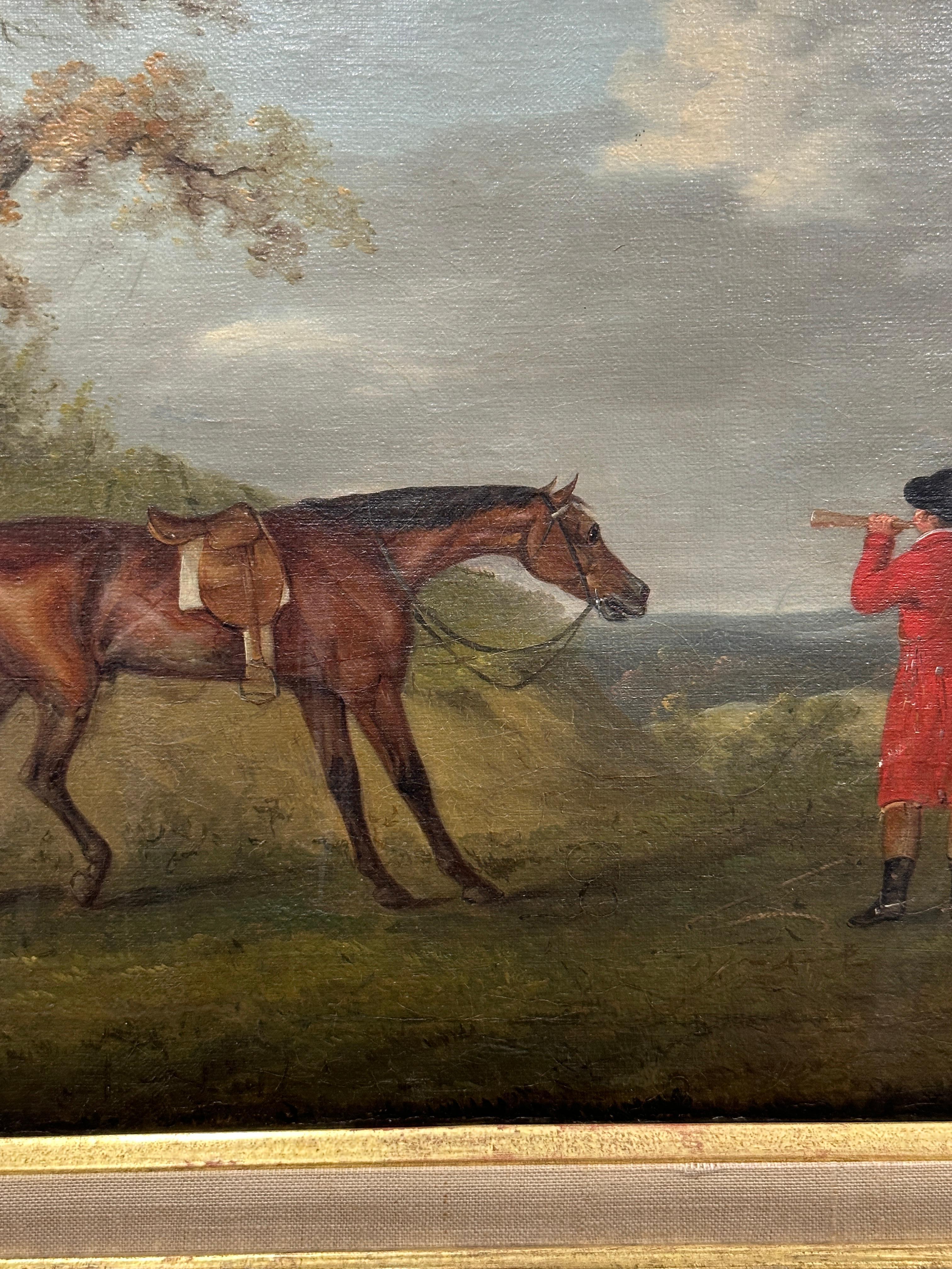 English 19th century Fox hunter with hounds, hunter and rider in a landscape - Black Landscape Painting by John Nost Sartorius