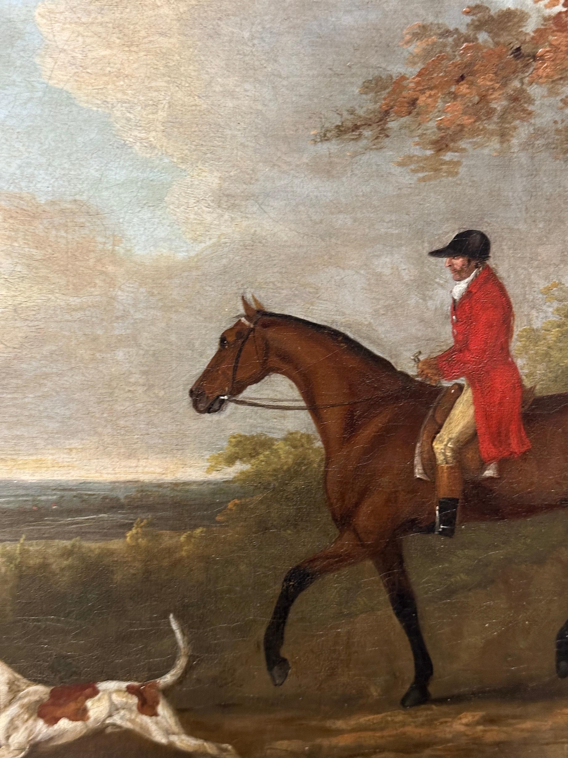 English 19th century Fox hunter with hounds, hunter and rider in a landscape - Black Figurative Painting by John Nost Sartorius