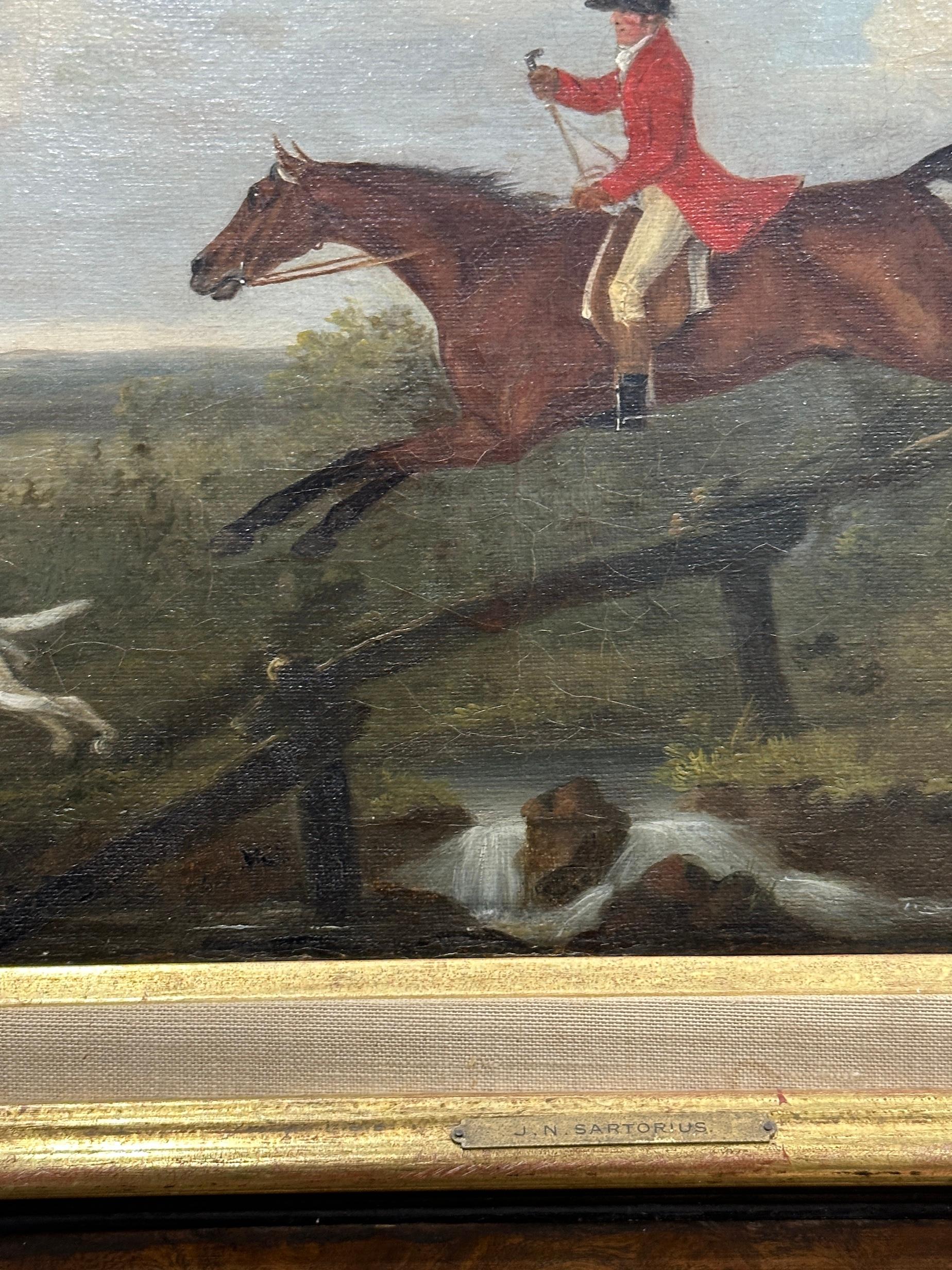 English 19th century Fox hunter with hounds, hunter and rider in a landscape For Sale 1