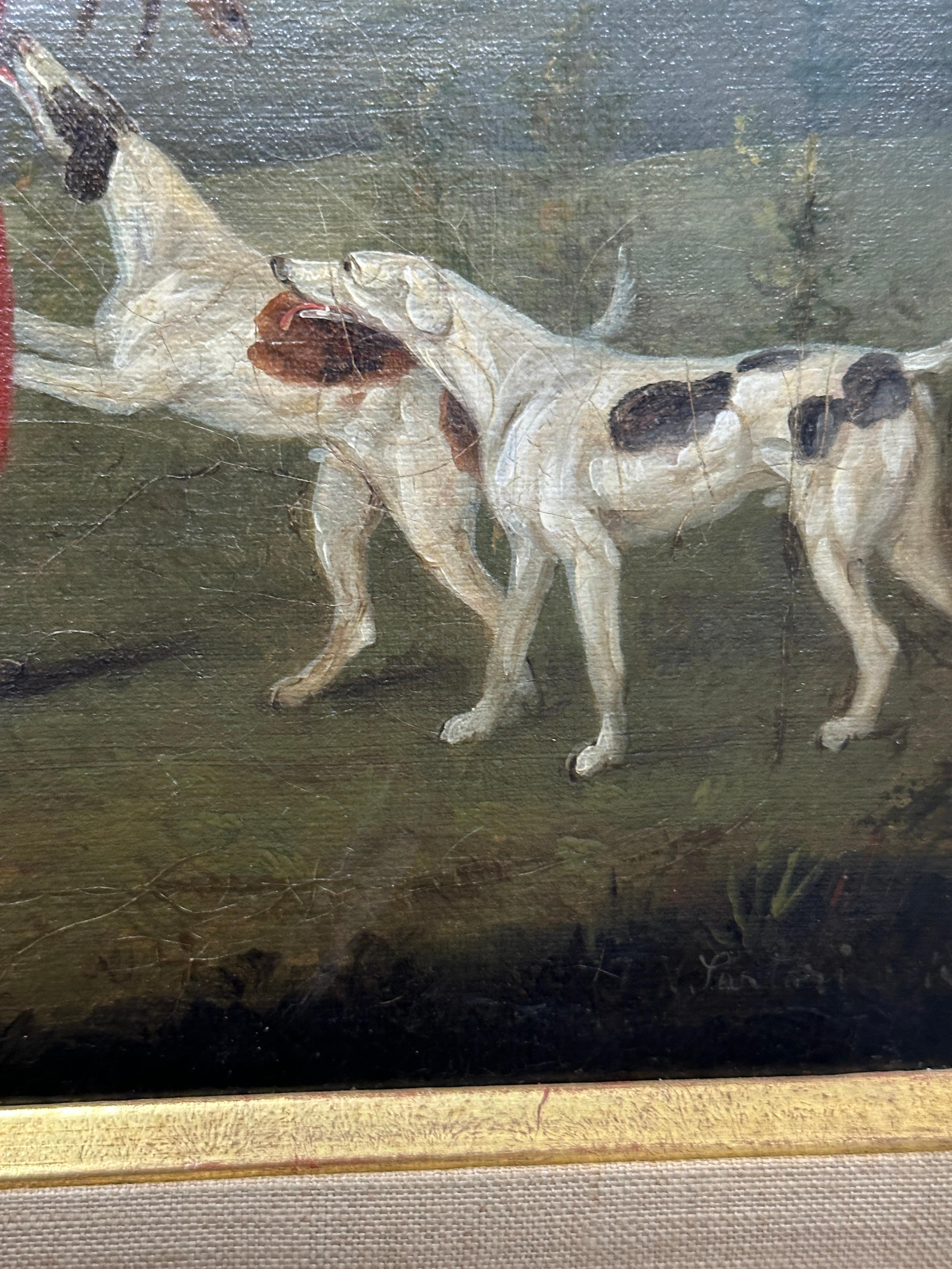 English 19th century Fox hunter with hounds, hunter and rider in a landscape For Sale 2