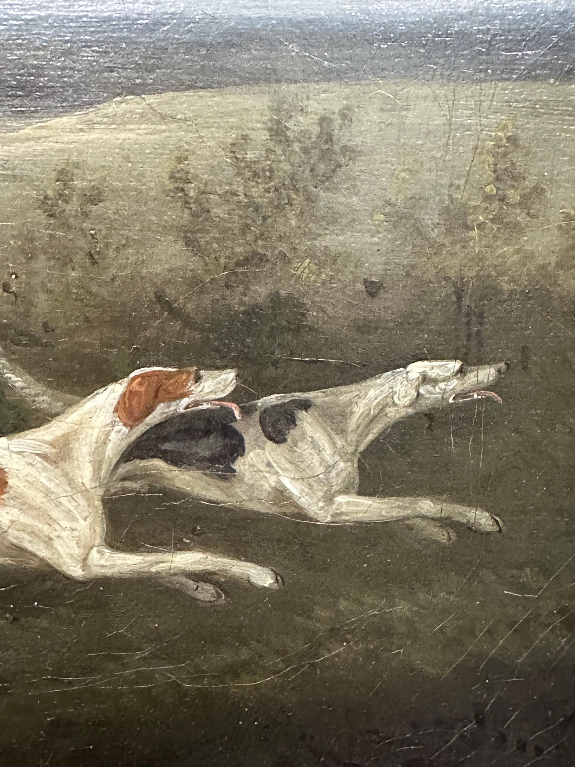 English 19th century Fox hunter with hounds, hunter and rider in a landscape For Sale 4